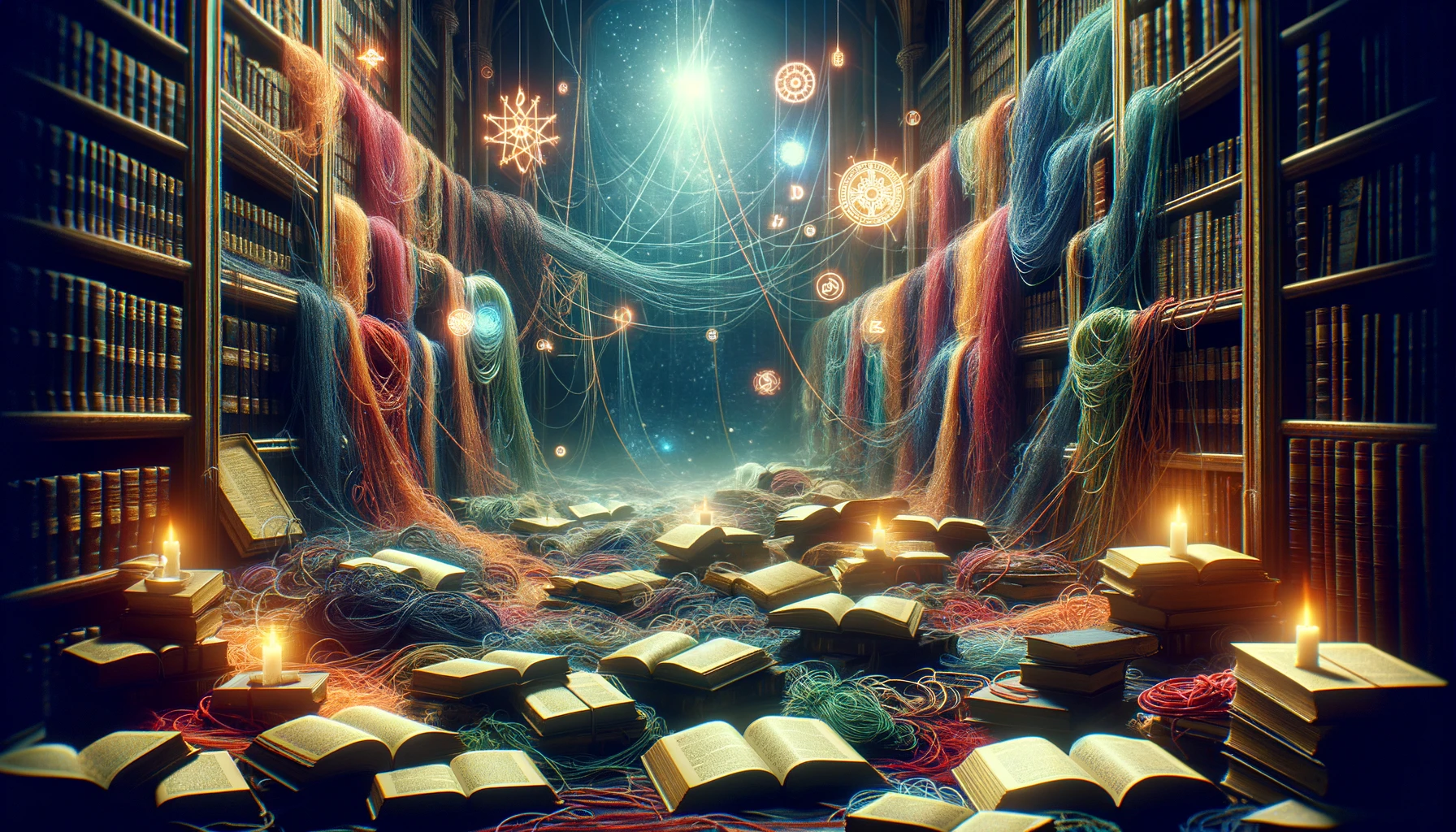 An image symbolizing unresolved plot threads in a story, depicted as literal threads of various colors tangled and left hanging in a dimly lit, mysterious library setting. Books are scattered and open, with glowing symbols floating above them, suggesting magical or supernatural elements. The atmosphere is filled with intrigue and the sense of many stories left untold.