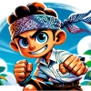 Create an image of a stylized, determined young cartoon character in dynamic action pose. The character has large expressive eyes and is wearing a bandana on the head, with the end of the bandana flowing in the air. The character has a mischievous grin, wearing a short-sleeved shirt and shorts. The fists are clenched as if the character is ready for a playful fight. The background should be a simplistic brush-stroked sky, with a bold name text in a foreign-looking script at the bottom right corner of the image. The colors should be vivid, with a good contrast between the character and the background.