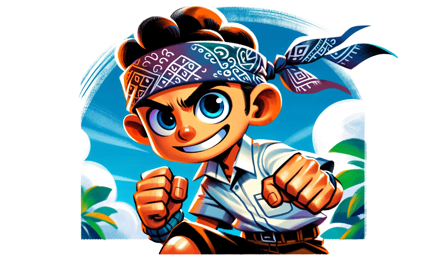 Create an image of a stylized, determined young cartoon character in dynamic action pose. The character has large expressive eyes and is wearing a bandana on the head, with the end of the bandana flowing in the air. The character has a mischievous grin, wearing a short-sleeved shirt and shorts. The fists are clenched as if the character is ready for a playful fight. The background should be a simplistic brush-stroked sky, with a bold name text in a foreign-looking script at the bottom right corner of the image. The colors should be vivid, with a good contrast between the character and the background.