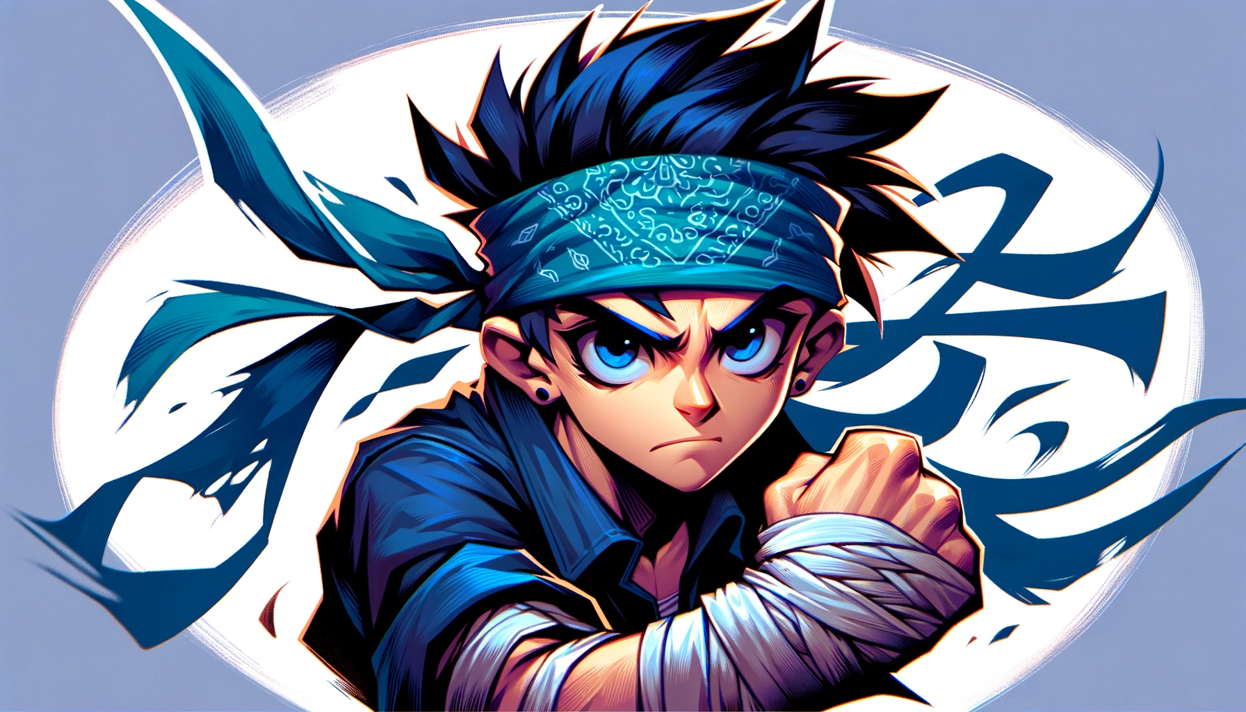 Create an image of a young cartoon character with sharp, piercing eyes, giving a sense of intensity and focus. The character is in a dynamic action pose, wearing a bandana on the head, with the end flowing in the wind. The character is depicted with a confident, almost challenging expression, wearing a short-sleeved shirt and shorts. The fists are clenched in determination. The background is a simple, brush-stroked sky with a bold, stylized name in a foreign script at the bottom right corner. The overall colors are vibrant, with strong contrast to highlight the character.