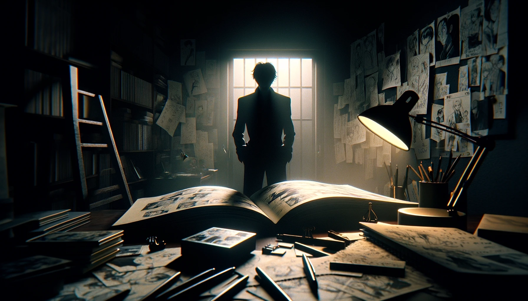 A shadowy figure stands in a dimly lit room filled with manga creation tools, illuminated only by the soft glow of a desk lamp. The figure is intensely focused on a large, open notebook, scribbling what appears to be the manga 'name' or storyboard, a critical step in the manga creation process. Surrounding the figure are scattered manga pages, draft sketches, and notes, hinting at the enigmatic process behind the creation of renowned manga series like 'Bakuman.'. The atmosphere is thick with mystery and creativity, encapsulating the intrigue surrounding the identity of the 'Bakuman.' creator and the profound artistry involved in manga 'name' crafting. This scene embodies the essence of the mysteries behind manga creation and the undisclosed identity of a famed manga author.