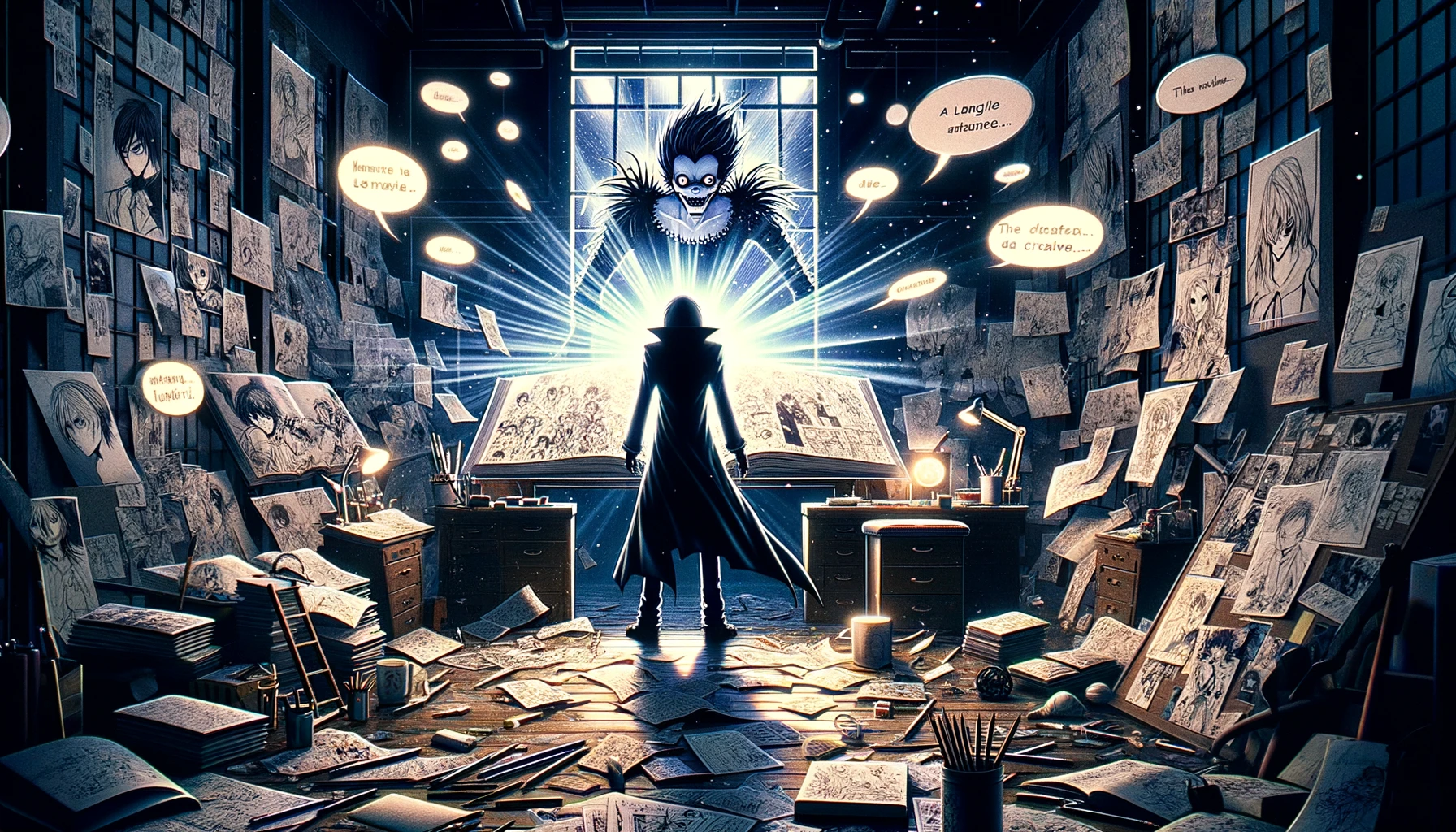 An imaginative scene blending elements of mystery, creativity, and guidance within the manga creation universe. This scene features a shadowy figure standing before an expansive, cluttered desk, scribbling fiercely into a large, open notebook, a symbol of the manga 'name' creation process. The desk is littered with various manga pages, some depicting scenes from 'Death Note' and others from 'Luckyman', alongside scattered drafting tools. Behind the figure, a large, luminous screen displays fragmented panels from 'Bakuman.', each illuminating aspects of manga storytelling and character development. Floating around the room are speech bubbles filled with advice and motivational quotes directed towards aspiring manga artists, shining softly in the dimly lit space. This setting encapsulates the enigma of the 'Bakuman.' creator's identity, the interconnected themes between 'Death Note', 'Luckyman', and 'Bakuman.', and the essence of manga creation wisdom.