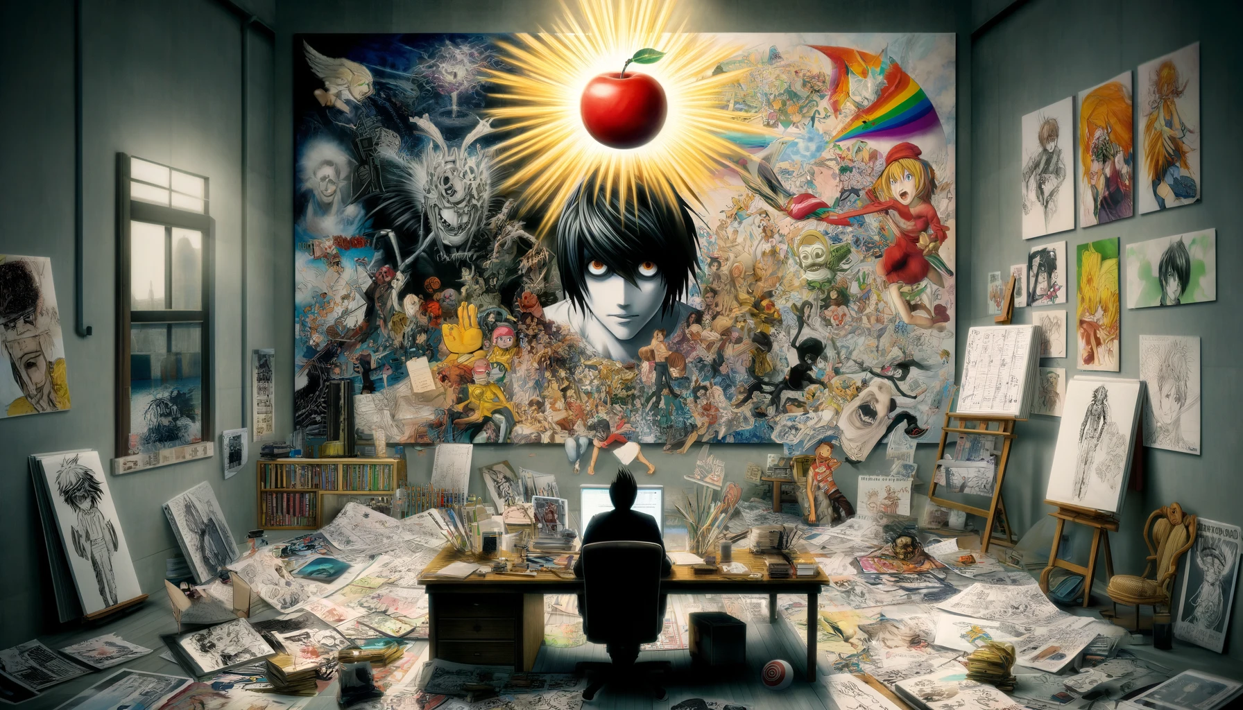 In an artistically chaotic studio, filled with manga art and references, a central canvas bridges the worlds of 'Bakuman.', 'Death Note', and 'Luckyman'. The scene depicts a creative whirlwind where elements from each manga intermingle: pages from 'Death Note' with its iconic apple and Shinigami float on one side, while colorful snippets from 'Luckyman', full of humor and light-heartedness, adorn the other. In the middle, sketches and storyboards from 'Bakuman.' lay scattered, symbolizing the journey of manga creation itself. Above this creative chaos, the silhouettes of 'Bakuman.'s main characters, Moritaka Mashiro and Akito Takagi, gaze over their creations, drawing inspiration. This artistic tableau celebrates the interconnectedness of storytelling, the diverse themes of each manga, and the universal process of creation that 'Bakuman.' explores.