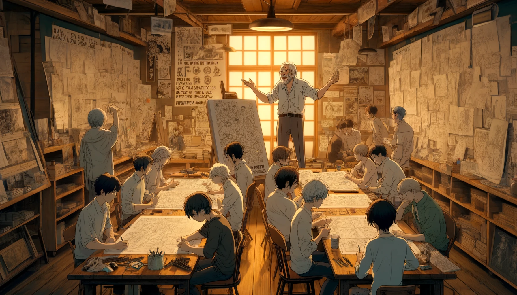 In a cozy, well-lit studio filled with the warmth of creativity, a seasoned manga artist shares their wisdom with a group of young, eager-to-learn manga creators. The room is packed with drawing tables, each cluttered with sketches, inking tools, and digital tablets. On the central wall, a large poster outlines the steps of manga creation—from concept to publication—with illustrations and annotations. The veteran artist, animated and passionate, gestures towards the poster, highlighting key advice and techniques for crafting compelling stories and characters. Surrounding them, the young artists listen intently, their faces alight with inspiration. Some jot down notes, while others sketch fervently, all united by a shared dream to leave their mark on the manga world. This scene is a testament to the enduring spirit of manga creation, blending tradition with innovation, and mentorship with individual talent.