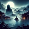 An enigmatic scene featuring a mysterious figure vanishing into a misty, ancient Japanese village at dusk. The silhouette resembles a traditional ninja, hinting at a connection to the art of ninjitsu, amidst swirling rumors and whispered tales. The atmosphere is filled with intrigue and the unknown, as shadowy forms and ancient rooftops fade into the fog, symbolizing the elusive nature of truth and the enigma surrounding a famed creator's disappearance. This scene captures the essence of escape and the timeless mystery of a legendary figure's fate.