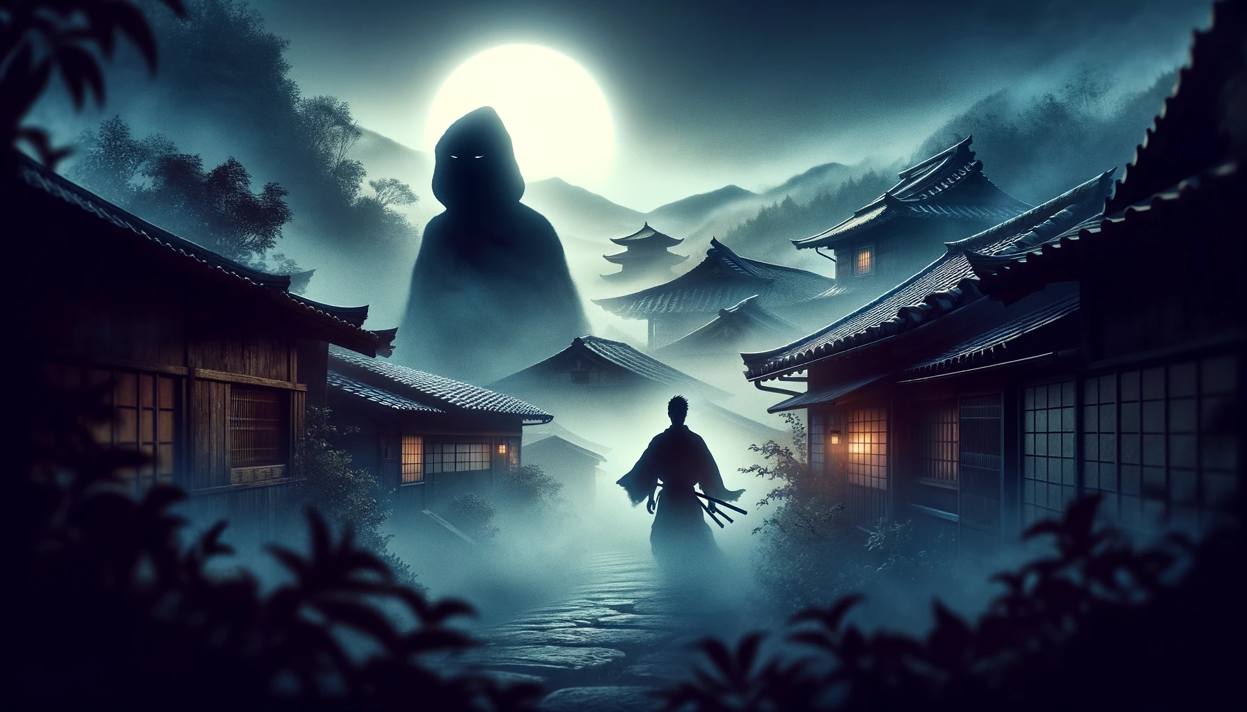 An enigmatic scene featuring a mysterious figure vanishing into a misty, ancient Japanese village at dusk. The silhouette resembles a traditional ninja, hinting at a connection to the art of ninjitsu, amidst swirling rumors and whispered tales. The atmosphere is filled with intrigue and the unknown, as shadowy forms and ancient rooftops fade into the fog, symbolizing the elusive nature of truth and the enigma surrounding a famed creator's disappearance. This scene captures the essence of escape and the timeless mystery of a legendary figure's fate.