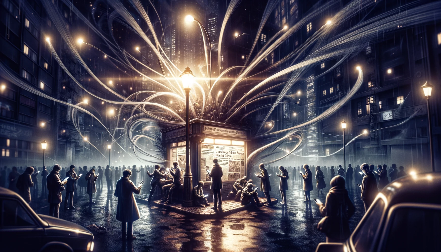 A dramatic and suspenseful scene in an urban setting at night, illustrating the swirling rumors and speculation caused by the sudden hiatus of a popular manga series. The city is alive with the buzz of conversation, with groups of people gathered under streetlights, their faces illuminated by the glow of their smartphones as they share the latest gossip and theories. In the background, a dimly lit newsstand displays a headline about the manga's unexpected break, adding to the atmosphere of mystery and anticipation. This visual metaphor captures the fervent curiosity and the whirlwind of rumors triggered by the absence of a beloved story.