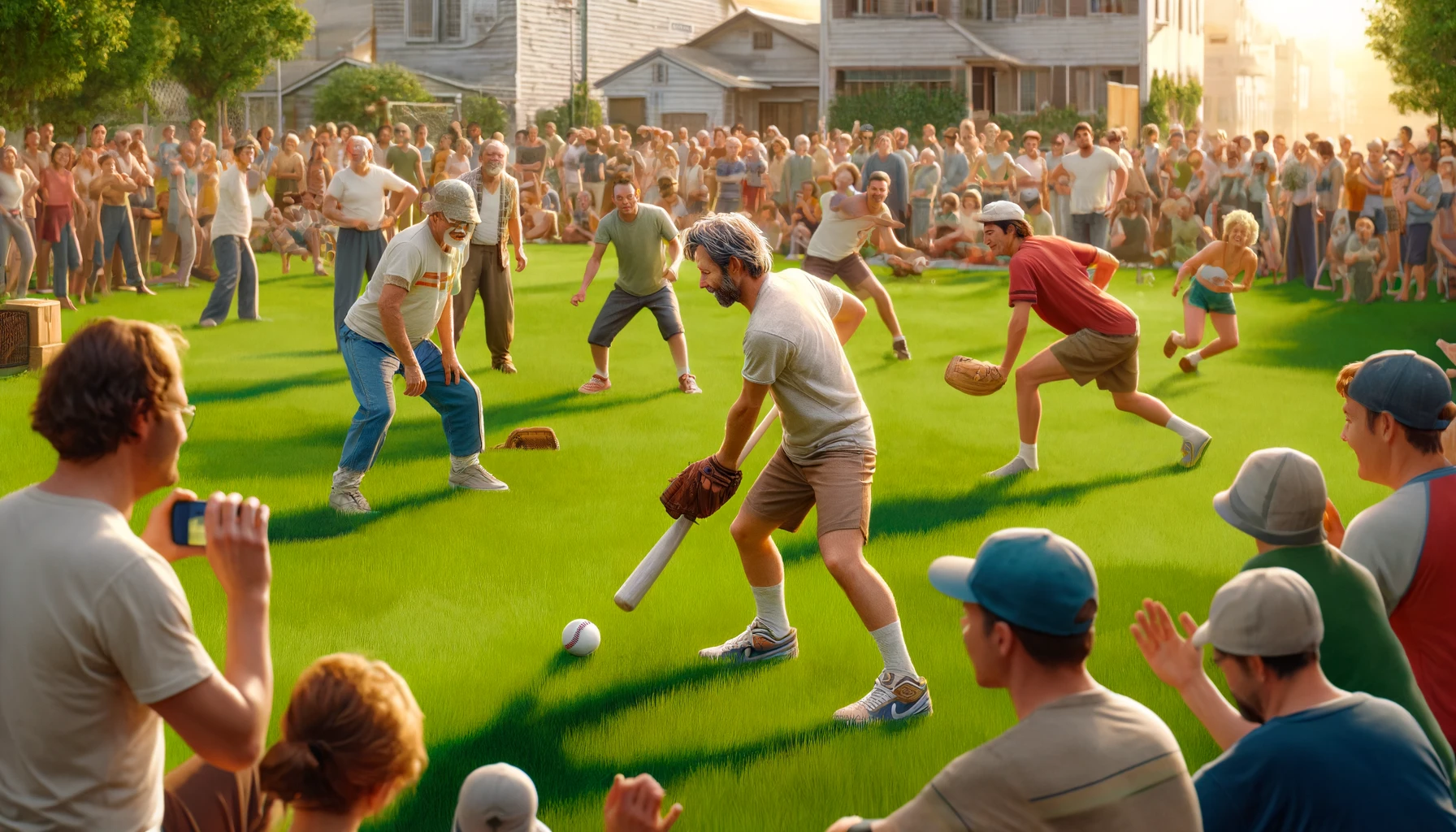 A lively and engaging scene of a group of adults playing a friendly game of grass baseball in a local park during a bright, sunny day. The players, dressed in casual sportswear, are fully immersed in the game, showing a mix of concentration and joy. In the background, spectators and families are cheering and enjoying the game. This setting aims to capture the essence of community and leisure, suggesting a scene where the creator of Ninku, who is rumored to be living a quiet life, might be enjoying his time away from the public eye, participating in or watching a grass baseball game, blending in with everyday life and finding happiness in simple pleasures.