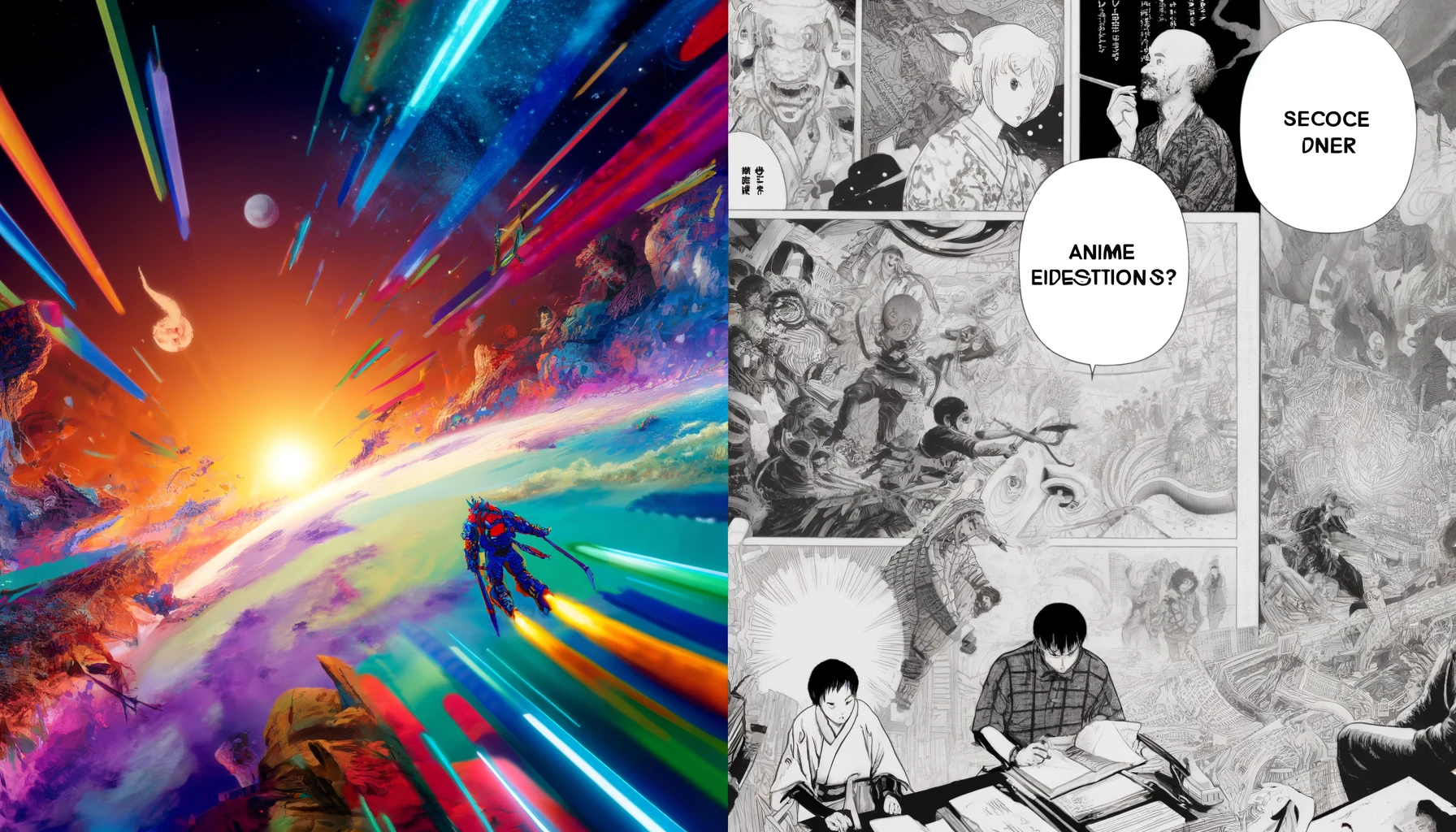 An image representing the differences between anime and manga, featuring side-by-side comparisons of the same scene in both mediums. On one side, a vibrant, colorful anime adaptation with dynamic action and detailed backgrounds. On the other, a black and white manga page with intricate linework and dialogue bubbles, emphasizing the depth of storytelling and character thoughts. The scene bridges both worlds, showing a transition from the manga's detailed artistry to the anime's vivid animation, capturing the unique appeal of each.