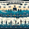 Create a visually appealing infographic titled 'Guide to Enjoying the Umizaru Series Including the Maritime Self-Defense Force', featuring a timeline that shows the order in which to watch the Umizaru series. The design should incorporate elements related to the Maritime Self-Defense Force, such as ships, helicopters, and maritime uniforms, alongside icons representing each title in the series. The infographic should be organized in a clear, easy-to-follow manner, highlighting the connection between the series and the Maritime Self-Defense Force's role within the storyline. The background can include ocean waves or a naval theme to tie everything together. The overall tone should be engaging and informative, aimed at fans interested in both the Umizaru series and maritime defense.