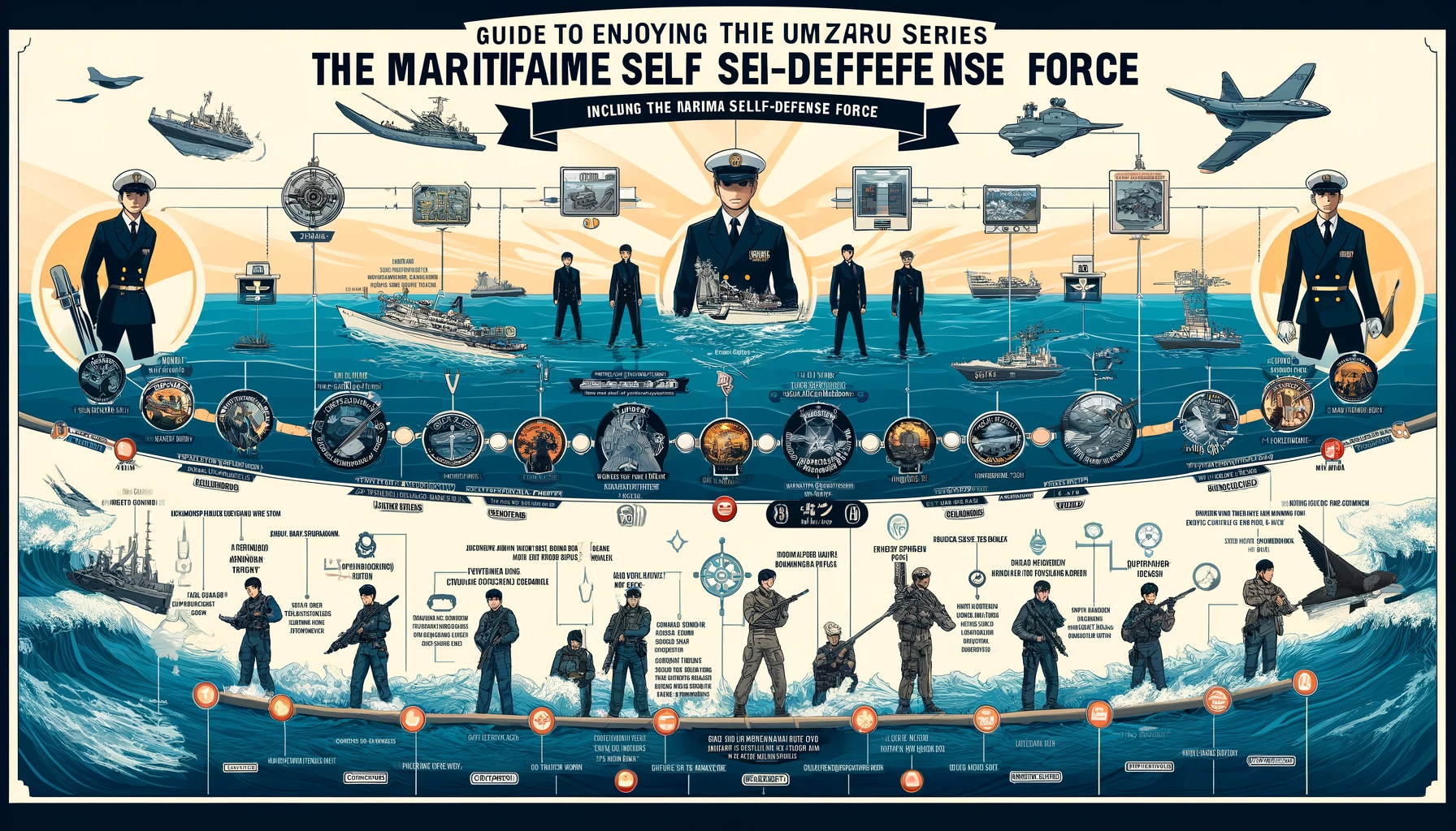 Create a visually appealing infographic titled 'Guide to Enjoying the Umizaru Series Including the Maritime Self-Defense Force', featuring a timeline that shows the order in which to watch the Umizaru series. The design should incorporate elements related to the Maritime Self-Defense Force, such as ships, helicopters, and maritime uniforms, alongside icons representing each title in the series. The infographic should be organized in a clear, easy-to-follow manner, highlighting the connection between the series and the Maritime Self-Defense Force's role within the storyline. The background can include ocean waves or a naval theme to tie everything together. The overall tone should be engaging and informative, aimed at fans interested in both the Umizaru series and maritime defense.