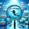 An imaginative and engaging scene that visually represents the concept of 'searching for a series on streaming services'. The image showcases a large, magnifying glass hovering over an array of streaming service logos, each displayed on screens of various devices like tablets, smartphones, and laptops. Beneath the magnifying glass, a representation of water waves and a small silhouette of a rescue diver to symbolize the 'sea' theme of the series, alluding to the search for 'Sea Monkey' without directly mentioning or depicting the series itself. The atmosphere is curious and hopeful, filled with light blues and whites to convey a digital, modern search effort. This scene creatively interprets the challenges and anticipation of finding beloved content on digital platforms.