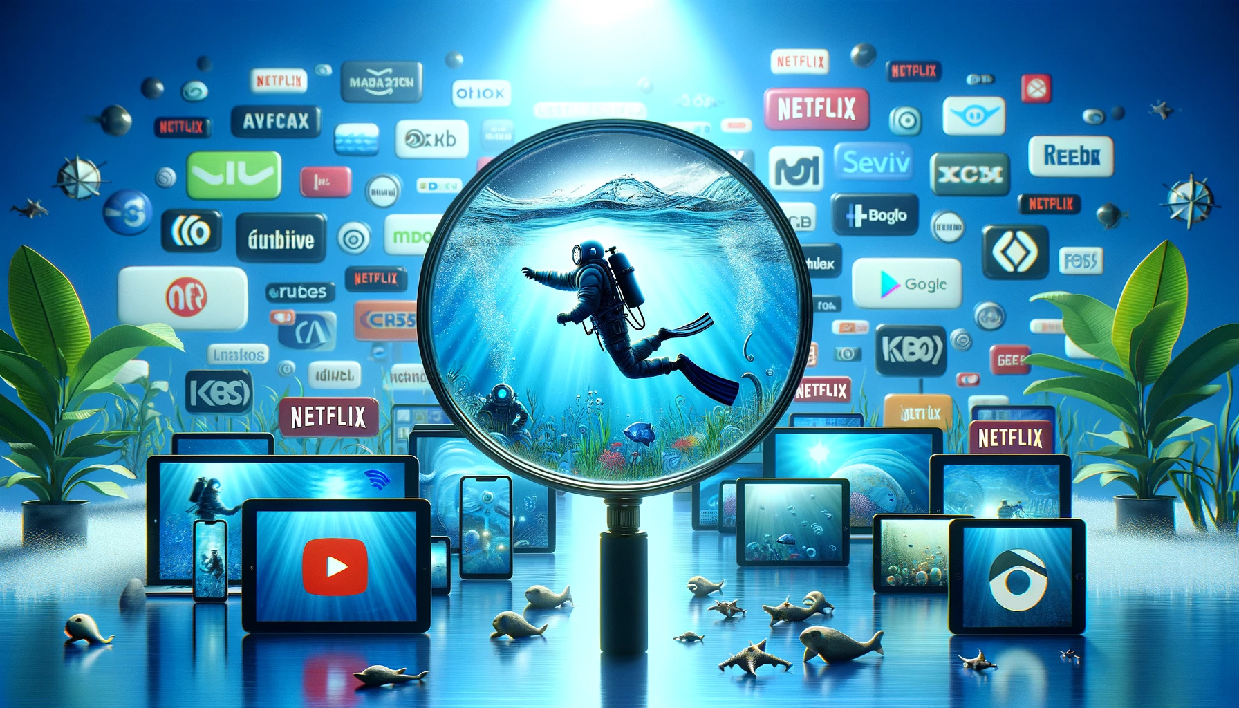 An imaginative and engaging scene that visually represents the concept of 'searching for a series on streaming services'. The image showcases a large, magnifying glass hovering over an array of streaming service logos, each displayed on screens of various devices like tablets, smartphones, and laptops. Beneath the magnifying glass, a representation of water waves and a small silhouette of a rescue diver to symbolize the 'sea' theme of the series, alluding to the search for 'Sea Monkey' without directly mentioning or depicting the series itself. The atmosphere is curious and hopeful, filled with light blues and whites to convey a digital, modern search effort. This scene creatively interprets the challenges and anticipation of finding beloved content on digital platforms.