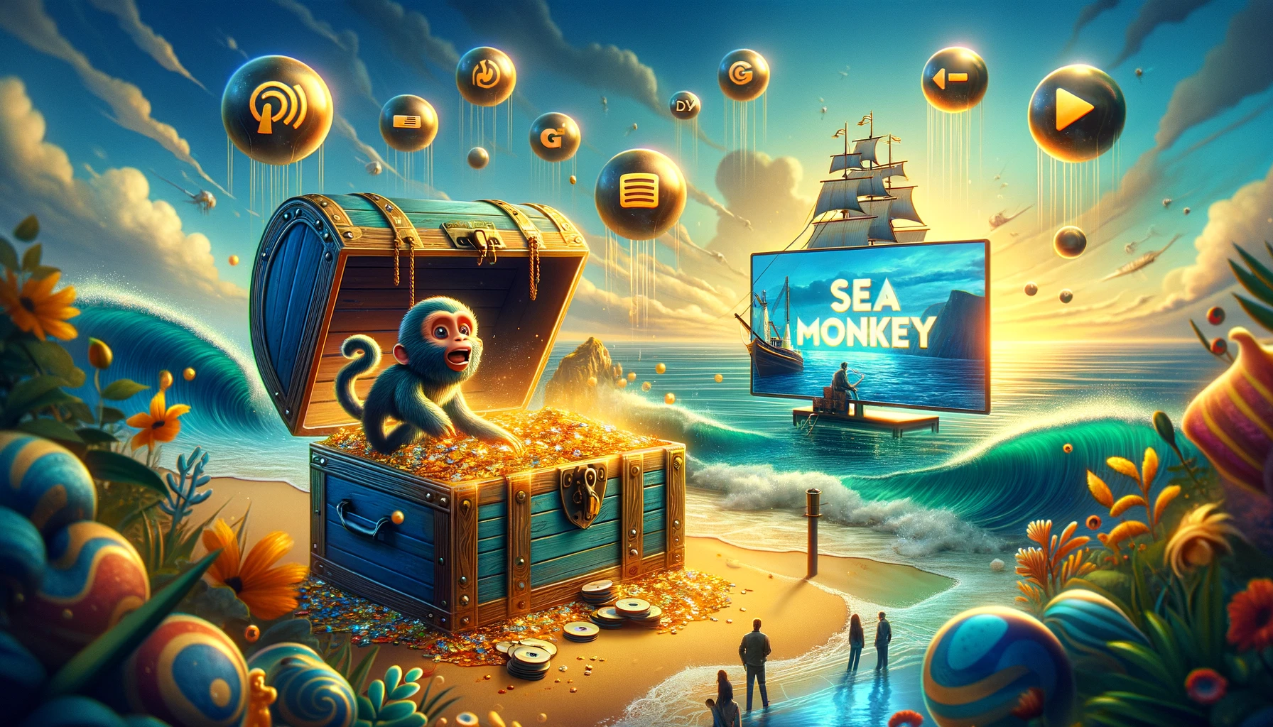 A creative and informative scene that visually represents the concept of 'ways to watch Sea Monkey for free'. The image captures a bright and optimistic setting where a large, open treasure chest is filled with DVDs labeled 'Sea Monkey', alluding to the series being a treasure. The treasure chest sits in a living room, with a TV screen in the background displaying a paused scene from a maritime rescue, symbolizing the content of the series. Surrounding the chest, symbolic representations of streaming service logos float like bubbles, suggesting that these services offer the series for free viewing. The color scheme is vibrant, with golds to represent the treasure and blues to signify the sea, creating an inviting atmosphere that encourages viewers to discover and enjoy the series at no cost. This scene artistically interprets the excitement of finding and watching beloved content without financial barriers, avoiding direct depictions of specific platforms or copyrighted content.