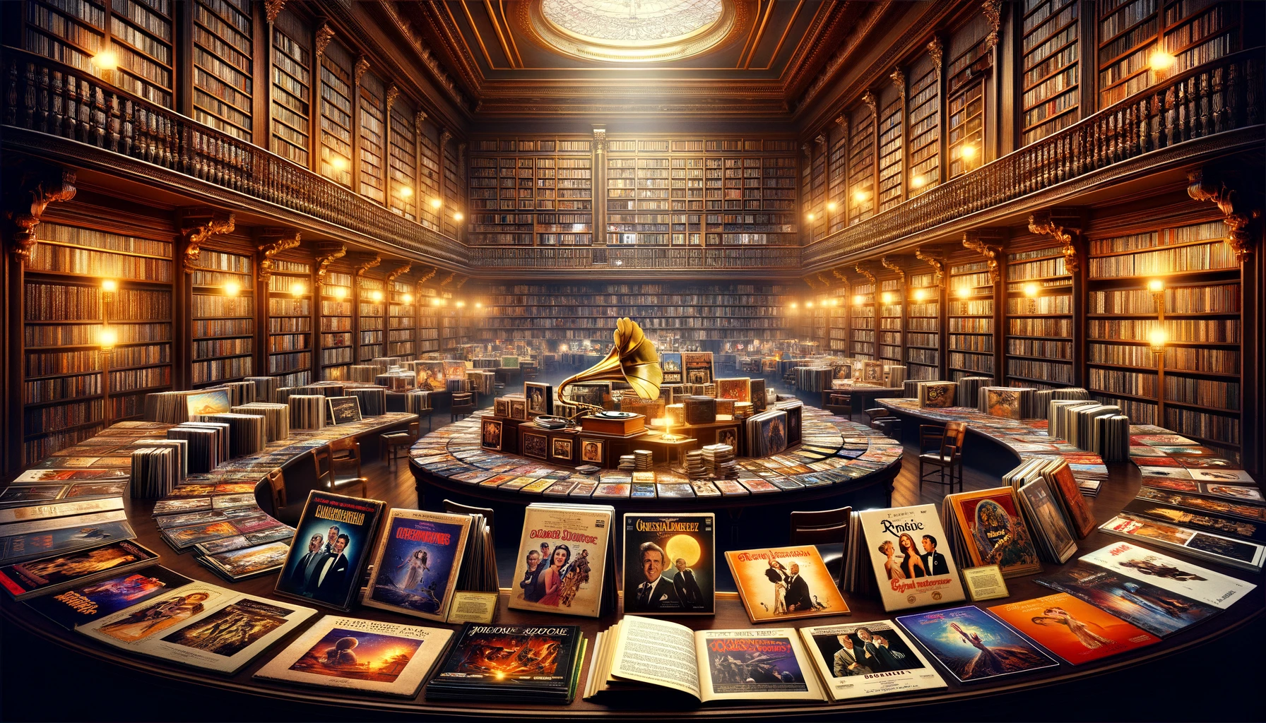 An image that encapsulates the grandeur of a comprehensive collection of iconic movie theme songs throughout history. Imagine a grand, expansive library or archive room, bathed in a warm, inviting light, where the shelves are filled with records, CDs, and musical scores of famous movie theme songs. Each album or score represents a classic film, from old-time favorites to modern blockbusters, spanning various genres and eras. The room is adorned with movie posters and memorabilia, adding to the ambiance of cinematic history and musical legacy. In the center, a large, elegant table displays open books and records, highlighting some of the most iconic and beloved theme songs, with a gramophone or vintage record player nearby, ready to play these timeless melodies. The atmosphere is one of reverence and nostalgia, inviting viewers to explore the rich tapestry of movie music that has touched hearts and shaped the film industry over the years. This 16:9 image is designed to evoke a sense of awe and appreciation for the art of film music, showcasing the depth and diversity of movie theme songs that have become embedded in cultural memory.