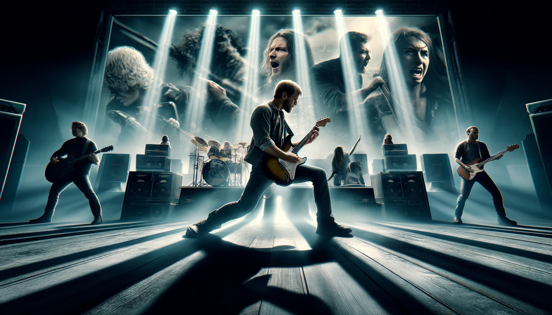 An image that vividly captures the essence of a powerful rock sound accentuating the tension in a dramatic scene. Picture this: a rock band is in full force on stage, each member lost in their performance, the lead guitarist in a moment of intense solo, their fingers flying over the strings as if channeling the drama's tension through their instrument. The drummer's energetic beats resonate with the scene's escalating intensity, and the vocalist's dynamic expression mirrors the emotional turmoil of the drama. The stage is illuminated by dramatic lighting, casting long shadows and creating a moody atmosphere that echoes the tension and energy of the moment. In the background, scenes from the drama are projected, showcasing moments of high stakes and emotional depth, seamlessly integrating the live performance with the storyline. The composition emphasizes the synergy between the raw, powerful rock sound and the narrative's climax, creating a visual representation of how music can amplify storytelling. This 16:9 image is designed to visually communicate the impact of a forceful rock soundtrack on a gripping drama.