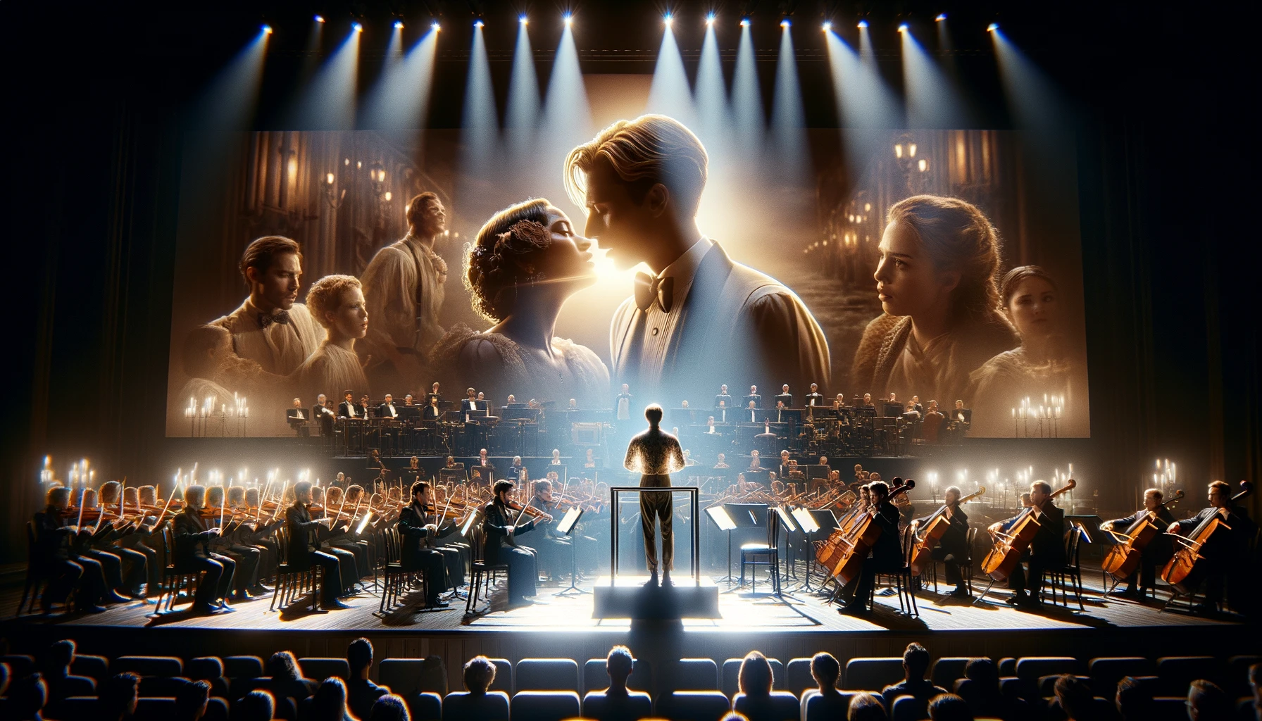 An image capturing the moment a grand ballad elevates an emotional scene in a movie. The setting is a beautifully lit stage with a full orchestra, set against the backdrop of a pivotal moment in the film's storyline. The main focus is on the soloist, whose passionate performance is the centerpiece of the scene, their expression conveying the depth and intensity of the song's emotion. This performance is intertwined with cinematic visuals from the movie - perhaps a loving reunion, a heart-wrenching goodbye, or a character's moment of realization - projected in the background or reflected in the instruments' polished surfaces. The audience, both within the movie and on the stage, is captivated, moved to tears or spellbound by the music's power. The lighting is dramatic, highlighting the soloist and the emotional peak of the movie scene, with the rest of the orchestra in softer focus. The visual style should convey the sweeping impact of a grand ballad, its ability to touch hearts and heighten the emotional stakes of the narrative. This 16:9 image should evoke a strong emotional response, inviting the viewer to feel the music's power and the cinematic moment's intensity.