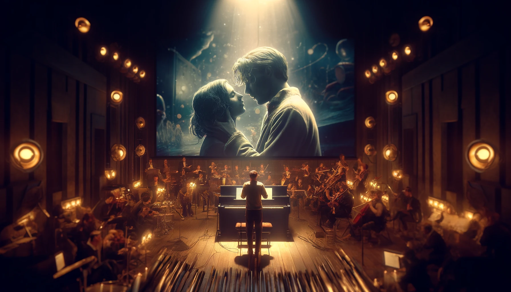 An image that encapsulates the expression of a film's emotional depth through a moving love ballad. Envision a scene where the gentle, soul-stirring melodies of a love ballad fill the air, seamlessly blending with a pivotal, tender moment in the movie. The setting is an intimate concert or recording studio, with the artist pouring their heart into the song, their expression one of deep emotion and connection to the lyrics that speak of love, loss, and hope. The atmosphere is charged with emotion, illuminated by soft, warm lighting that creates a cozy, enveloping ambiance. Cutaway scenes from the movie are intertwined with the performance, showing moments of love, conflict, and reconciliation between the characters, their emotions amplified by the song's poignant lyrics and melody. The visual style should evoke a sense of intimacy and vulnerability, highlighting the power of music to convey the complexities of the human heart. This 16:9 image aims to capture the essence of how a heartfelt love ballad can articulate the emotional nuances of a film, drawing the viewer deeper into the story.