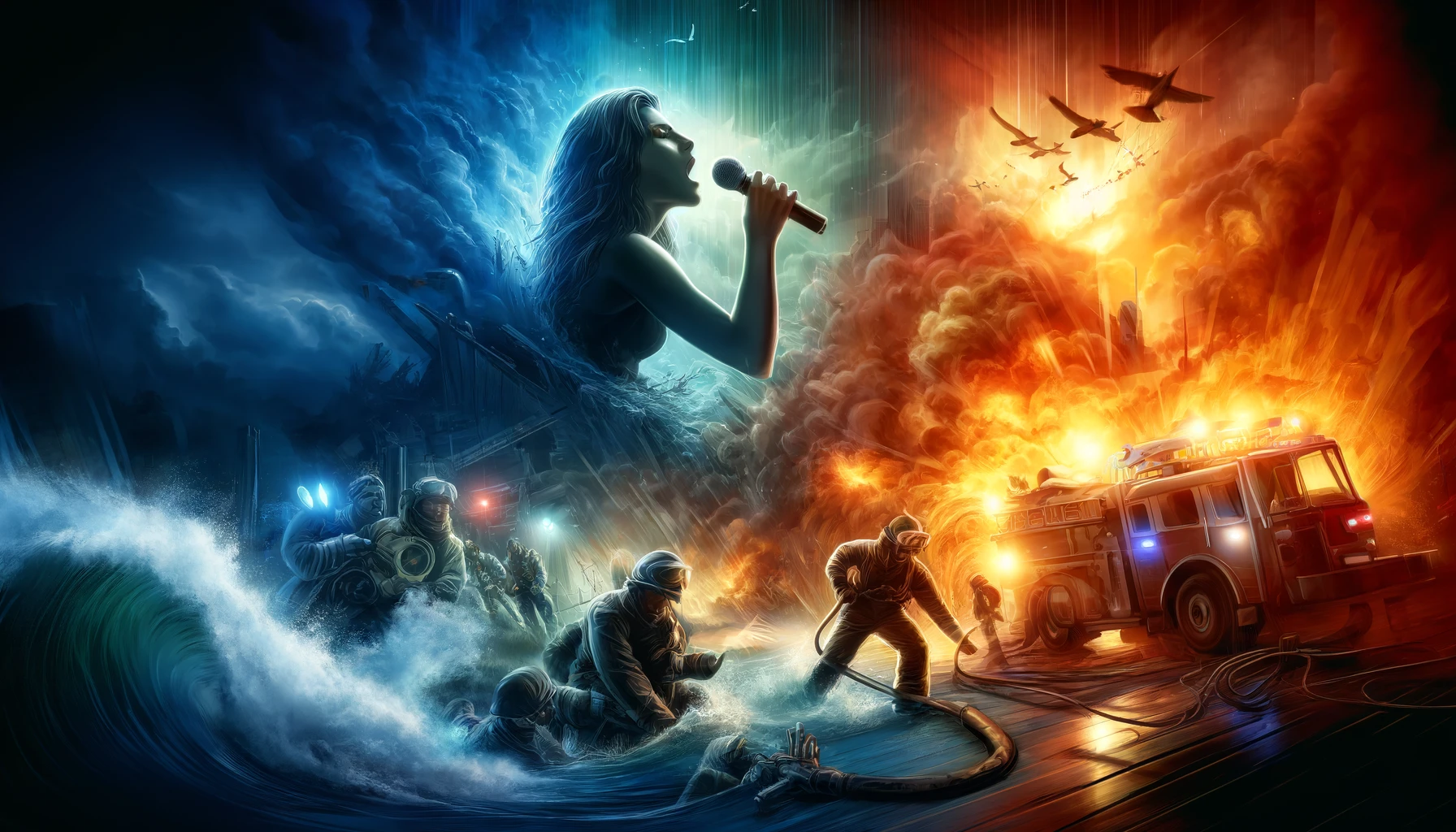 An image that vividly illustrates a scene with a powerful song capturing both a intense rescue operation and the protagonist's inner turmoil. Imagine a climactic moment in a story, where the protagonist is in the midst of a daring rescue, with danger and chaos all around. This pivotal scene is juxtaposed with a singer whose voice embodies the strength, determination, and emotional depth of the protagonist. The singer, bathed in a spotlight, pours their soul into the song, their expression mirroring the intensity and resolve of the protagonist's actions. The background shows the rescue operation in full swing, with elements suggesting the perilous situation - perhaps fire, water, or wreckage - while the forefront focuses on the singer, making the connection between the song's powerful lyrics and the scene's dramatic tension. The visual style blends the raw energy of the rescue with the emotional power of the song, creating a dynamic and impactful composition. This 16:9 image aims to capture the essence of how music can underscore and amplify the narrative's emotional stakes and the protagonist's journey.