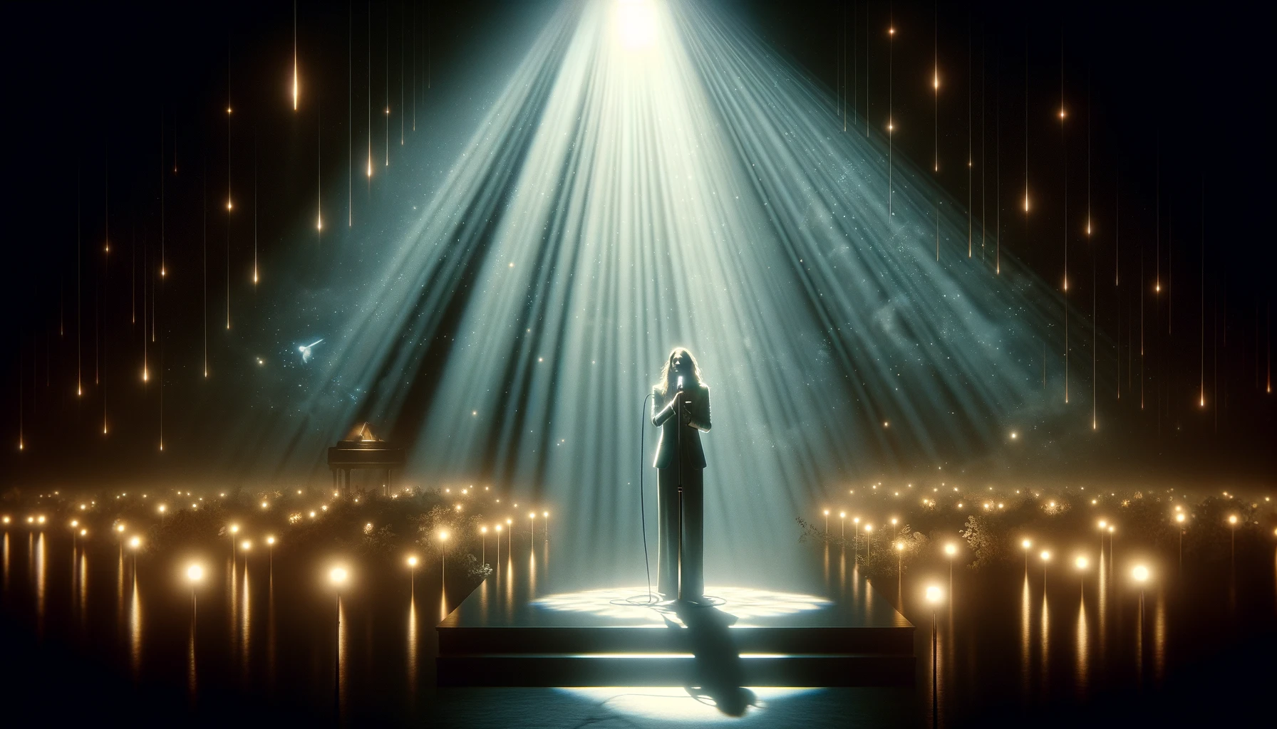 An image that conjures the essence of a melodic ballad expressing the power of belief through its lyrics. Visualize a serene, uplifting scene where a solo artist stands on a stage under a spotlight, conveying a sense of hope and inspiration. The artist is deeply connected to the song, their expression one of intense emotion and conviction, as if every word sung is a testament to the strength found in belief. The stage is adorned with simple, elegant decorations that emphasize the purity and sincerity of the performance, perhaps with soft, glowing lights or delicate floral arrangements. The backdrop could subtly hint at a celestial or ethereal theme, suggesting the transcendent nature of the ballad's message. The atmosphere is intimate, with the audience captivated and moved by the performance, sharing a moment of collective inspiration. The visual style should reflect the beauty and emotional depth of the ballad, with warm, soft lighting that enhances the sense of connection and shared human experience. This 16:9 image aims to visually represent the power of music to articulate profound truths and inspire belief.