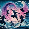 A vivid illustration showcasing the distinctive combat style of 'NINKU', with emphasis on agility, speed, and the use of wind-based techniques. The scene captures a dynamic moment in an epic battle, featuring abstract silhouettes of ninjas leaping and dashing through the air, manipulating wind currents around them to create powerful gusts and vortexes. The background is a dramatic blend of traditional Japanese scenery and mystical elements, symbolizing the 'NINKU' universe's unique blend of martial arts and supernatural powers. This artwork captures the essence of 'NINKU's fighting style, focusing on movement and elemental control, without depicting specific characters or scenes from the manga.