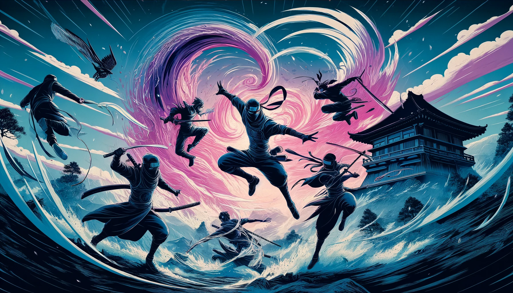 A vivid illustration showcasing the distinctive combat style of 'NINKU', with emphasis on agility, speed, and the use of wind-based techniques. The scene captures a dynamic moment in an epic battle, featuring abstract silhouettes of ninjas leaping and dashing through the air, manipulating wind currents around them to create powerful gusts and vortexes. The background is a dramatic blend of traditional Japanese scenery and mystical elements, symbolizing the 'NINKU' universe's unique blend of martial arts and supernatural powers. This artwork captures the essence of 'NINKU's fighting style, focusing on movement and elemental control, without depicting specific characters or scenes from the manga.