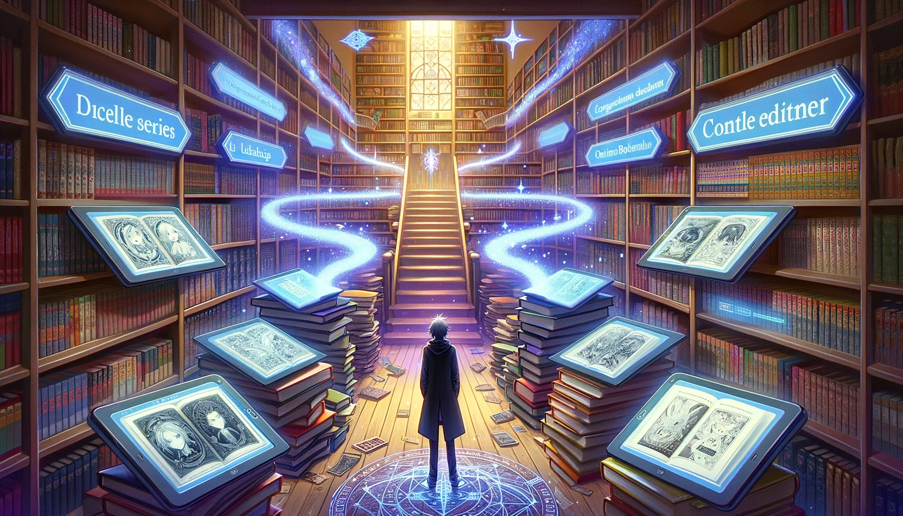 Create a vivid and imaginative image showing a person discovering various methods to acquire the 'Complete Edition' of a fantasy manga series titled 'Kekkaishi'. The scene is set in a whimsical, book-filled room, where the central figure is surrounded by multiple pathways leading to the complete series. Each path represents a different method of acquisition: one path leads to a traditional brick-and-mortar bookstore filled with rows of manga; another to a digital tablet displaying an online bookstore; and a third path shows a stack of manga with a 'Used' sign, symbolizing the second-hand market. Magical elements like floating books and glowing sigils should be included to emphasize the mystical theme of the manga. The room should have a cozy, yet enchanting atmosphere, with shelves of books stretching into the distance and soft, ambient lighting.