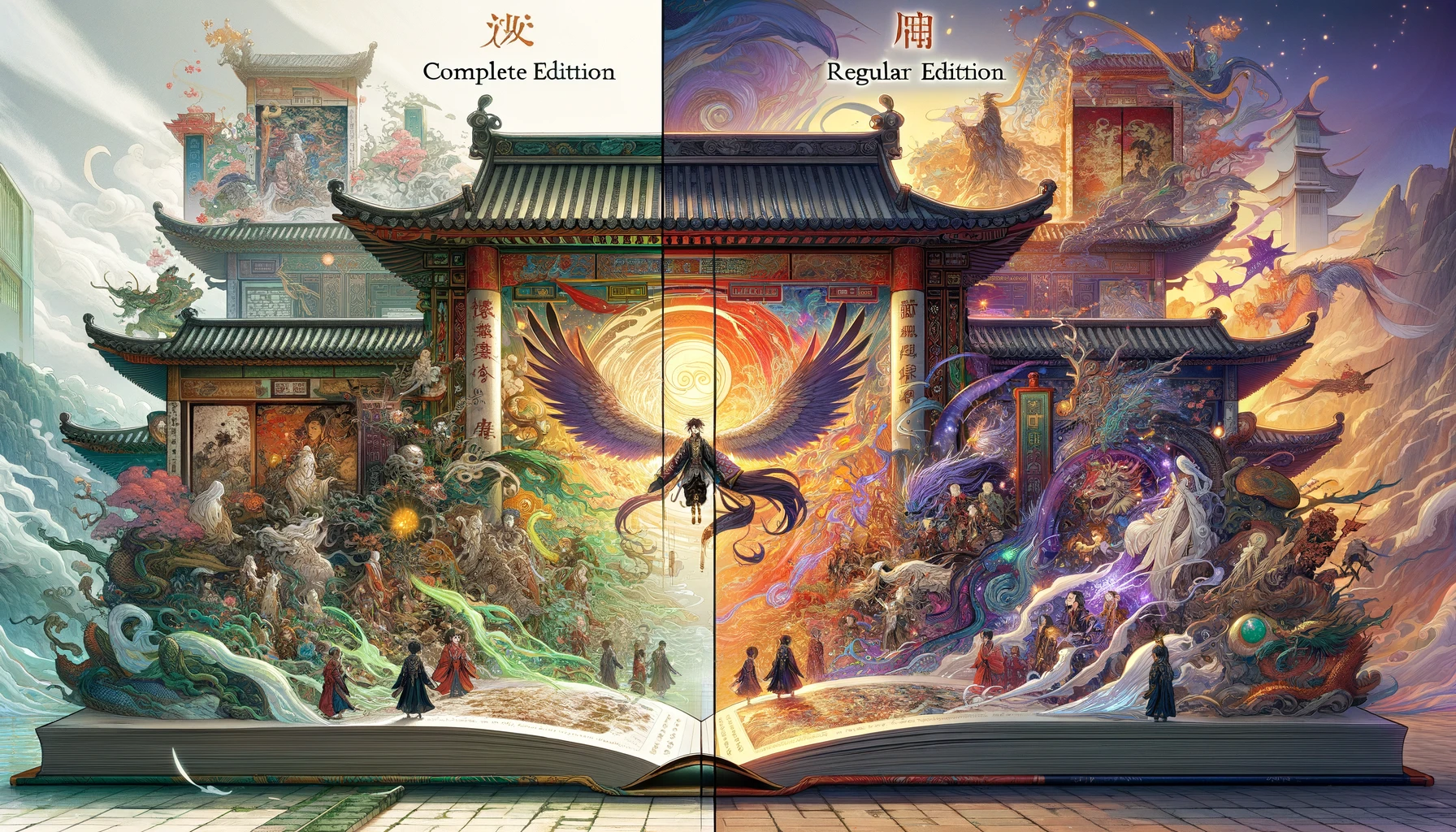 An image that vividly illustrates the differences between the 'Houshin Engi' Complete Edition and the Regular Edition. The scene includes two distinct sections, one representing the Complete Edition with its unique illustrated covers that connect to form a larger image, high-quality paper, and vibrant color pages. The other section shows the Regular Edition with its original cover art and standard pages. The setting integrates elements of ancient China, reflecting the mystical and historical backdrop of the story, with visual cues highlighting the additional content and premium features exclusive to the Complete Edition.