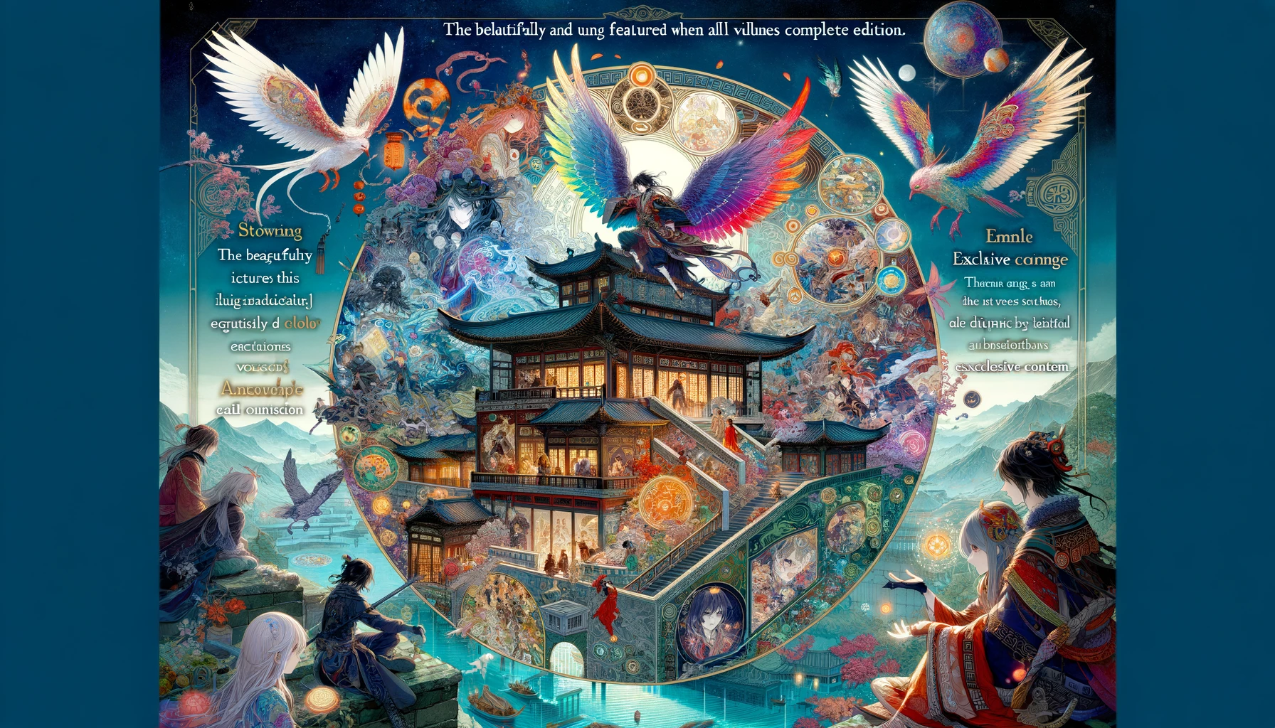 An image that captures the essence and unique features of the 'Houshin Engi' Complete Edition, showcasing elements such as the beautifully illustrated cover that forms a larger picture when all volumes are aligned, vibrant color pages, and exclusive content. The setting is a mystical ancient China, with key characters like Taikoubou and Daji, and mystical elements symbolizing the adventure and battles within the story. The image also includes subtle hints at the digital aspects, representing the electronic version's special features like the inclusion of cover art.