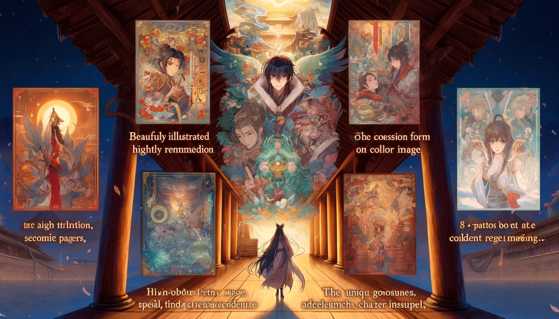 An image illustrating the reasons why 'Houshin Engi' Complete Edition is highly recommended, focusing on its beautifully illustrated covers that connect to form a grand image, the inclusion of rich, vibrant color pages that bring the story to life, the high-quality paper that enhances the reading experience, and unique bonuses like special posters and character insights. The setting incorporates mystical and cultural elements of ancient China, capturing the essence and adventure of the story, while also hinting at the depth and additional layers of enjoyment that the Complete Edition offers.