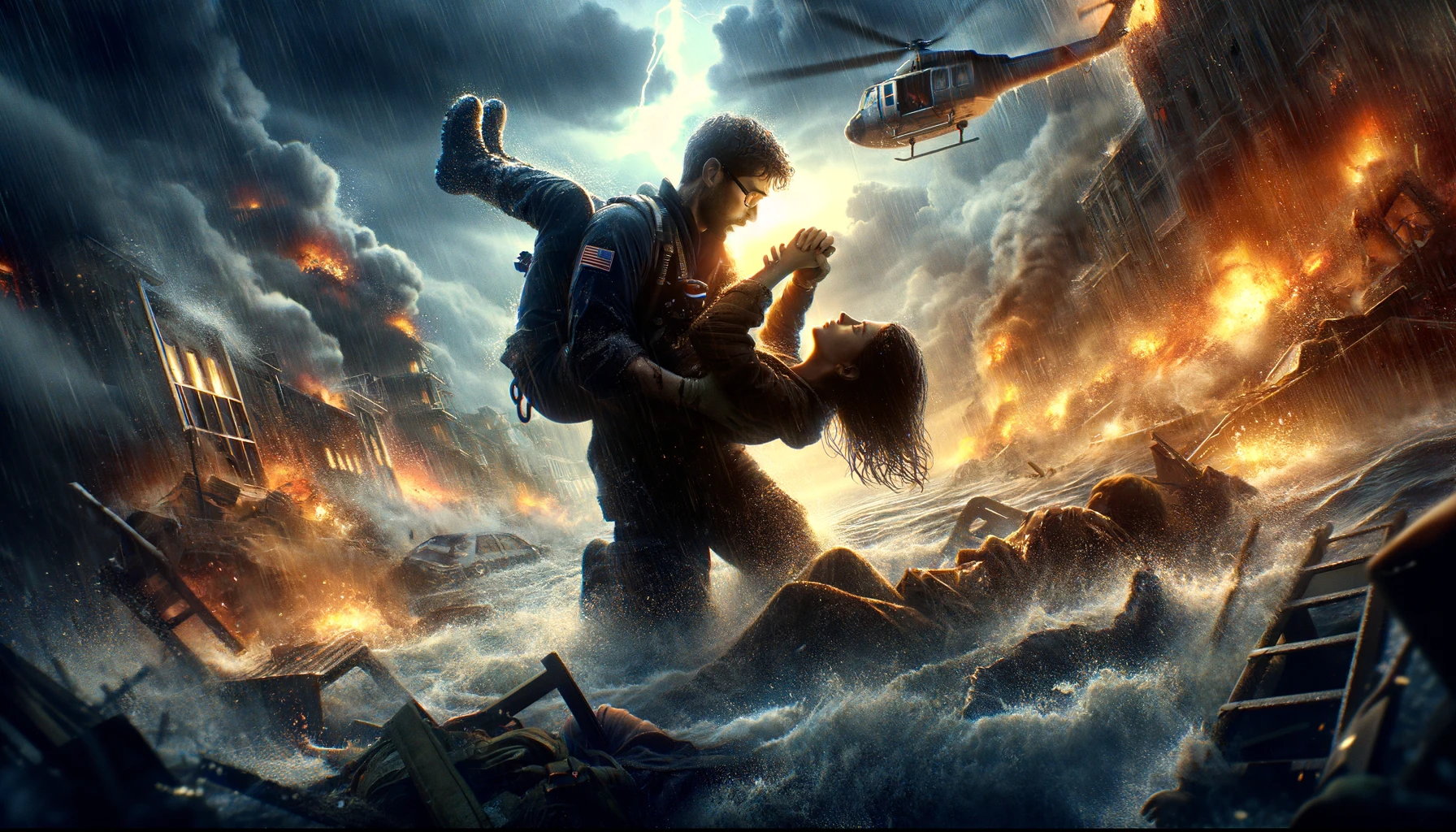 A dramatic and emotional scene illustrating a life-saving rescue operation intertwined with a deep love story. The scene is set against a backdrop of chaos and danger, with the main character displaying an act of bravery to save someone they deeply love. The environment suggests a natural disaster, like an earthquake or flood, where the stakes are high and every second counts. The hero's determination and the emotional intensity of the moment are captured, highlighting the themes of sacrifice, courage, and the power of love amidst adversity. The image composition balances the tension of the rescue with a tender moment shared between the two characters, suggesting a profound bond that transcends the perilous situation. The visual style is cinematic, with a focus on dynamic lighting and a color palette that emphasizes the dramatic contrast between light and darkness, symbolizing hope amidst despair. This 16:9 image is designed to evoke a strong emotional response, drawing viewers into the heart of the narrative.