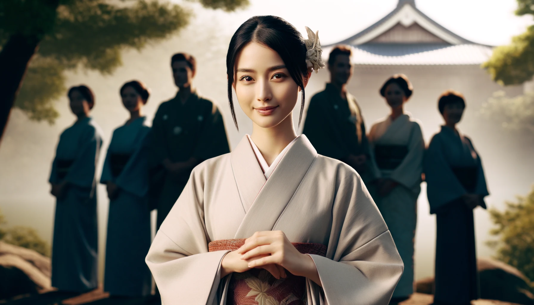 A young woman in a traditional Japanese outfit, symbolizing a barrier master, stands in the foreground with a gentle and proud smile. Behind her, the silhouettes of her family members are subtly visible, supporting and standing with her. The setting is a serene Japanese garden, which reflects the harmony and strength of her family bonds. The atmosphere is filled with a sense of pride and the profound duty she carries as a barrier master, protecting not just her family but the traditions they uphold.