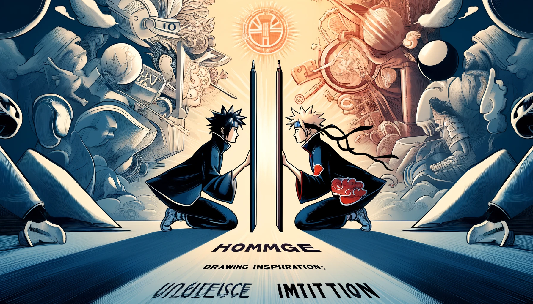 A conceptual illustration depicting the theme of homage versus imitation, focusing on two abstract, stylized figures representing different manga worlds, standing face to face with a mirror between them, reflecting each other's essence but with subtle differences. The scene symbolizes the fine line between drawing inspiration (homage) and direct copying (imitation), set against a backdrop that merges elements suggestive of both manga universes, including traditional and modern ninja motifs. The figures are surrounded by symbols that represent creativity, respect, and the blending of influences, highlighting the debate on the nature of their relationship.