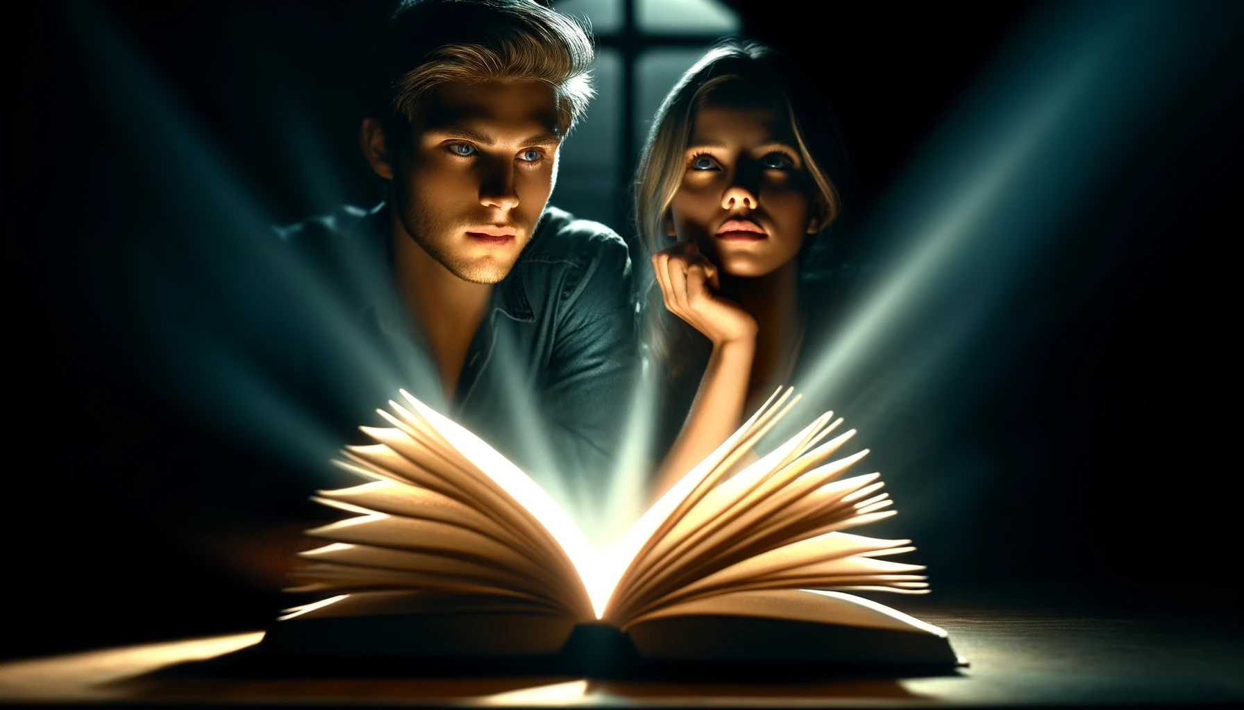 An open book resting on a table with pages glowing softly, symbolizing a story that is alive and unfolding. The glowing pages cast light on the faces of a young man and woman, both looking towards the book with expressions of anticipation and wonder. Their faces are partially illuminated, leaving their expressions somewhat ambiguous, capturing the moment of an unclear ending. The background is dimly lit, focusing all attention on the book and the duo, emphasizing the mystery and allure of an open-ended story.