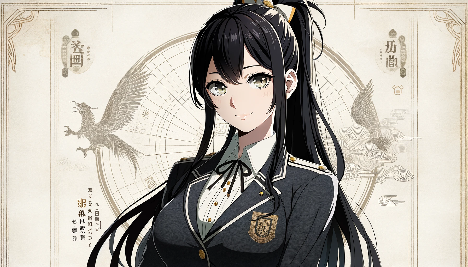 A beautiful young woman with long black hair tied in a ponytail, wearing a high school uniform associated with a mystical theme. She stands confidently with a faint smile, her eyes reflecting intelligence and determination. The background suggests a blend of a modern high school setting and ancient Japanese mysticism, with subtle elements that hint at her role as a barrier master.