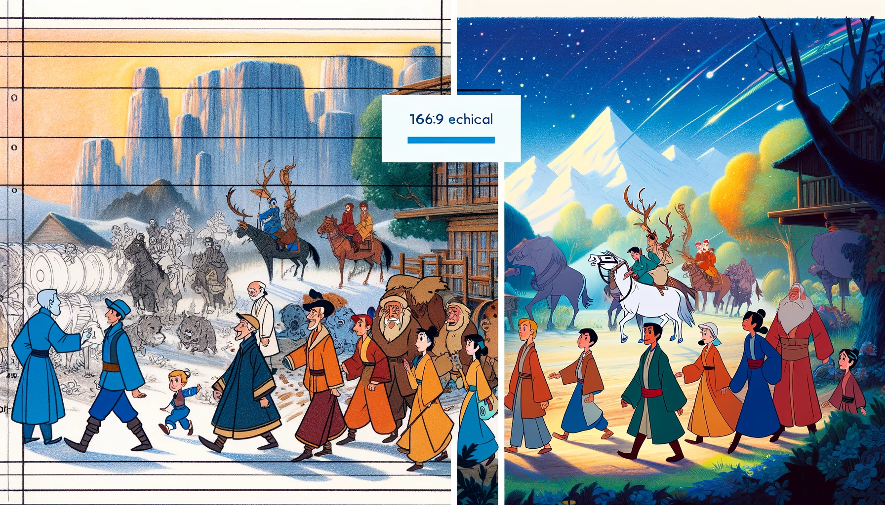 An illustrative comparison highlighting the differences between cel animation and digital animation. The left half of the image is drawn in a traditional cel animation style, featuring hand-painted characters and backgrounds with a classic, textured look. The right half transitions to a digital animation style, showing the same scene but with crisp, clean lines and vibrant, digitally enhanced colors. This contrast showcases the evolution from traditional to modern animation techniques, all in a 16:9 format.