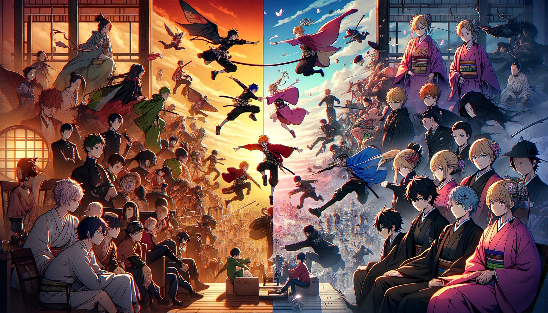 Create an image that visually represents the story structure of the 'Ninku' anime and its differences from the original manga. The image should split the scene into two parts: the left side illustrating key moments and characters from the anime, filled with vibrant colors and dynamic action poses that hint at the anime's unique narrative additions and alterations. The right side should depict scenes and characters from the manga, showcasing a more restrained color palette and a focus on the original storyline and character designs. This side-by-side comparison, all within a 16:9 format, should highlight the contrast between the anime's adaptations and the manga's original essence.