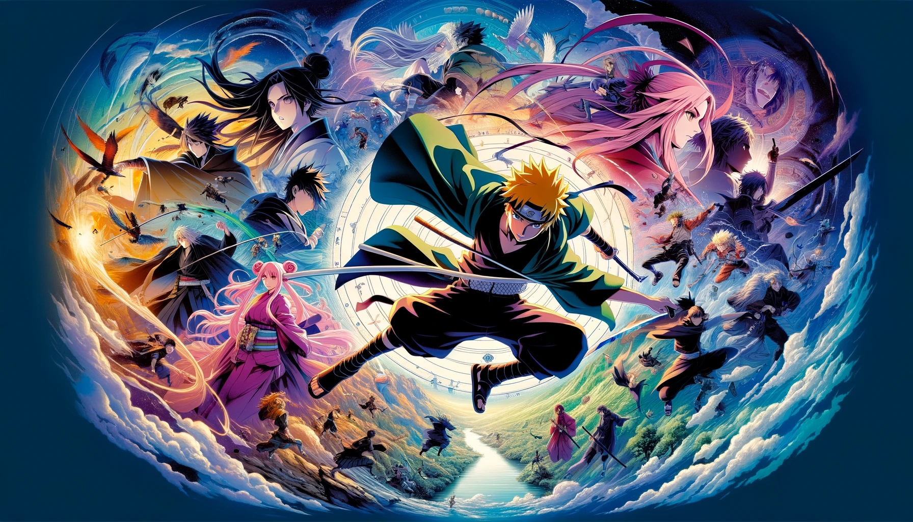 A detailed illustration that captures the essence of the 'Ninku' anime series, featuring dynamic poses of the main characters in action, with vibrant colors that highlight the unique world and energy of the series. The background shows a blend of scenes from iconic moments, including epic battles and serene landscapes, all in a 16:9 format.