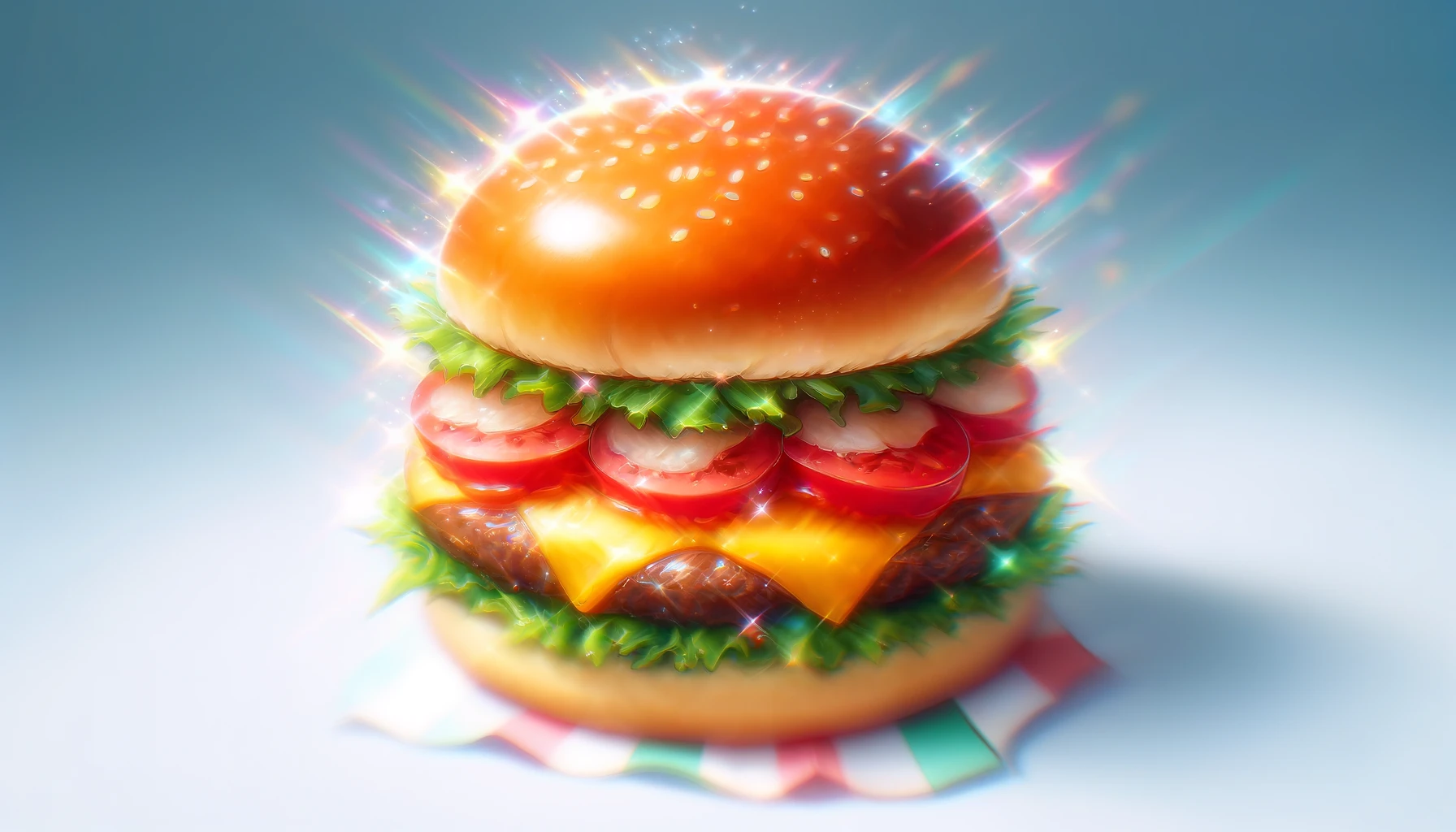 An anime-style image in a 16:9 aspect ratio depicting a hamburger with a blurred effect, creating a soft, out-of-focus image. The hamburger features bright, exaggerated anime-style colors and details, such as shiny buns, a round patty, and vibrant lettuce and tomatoes. The blurring effect is applied evenly across the entire image, giving it a dreamy, slightly abstract appearance while still maintaining the recognizability of a hamburger. This image should capture the whimsical and colorful nature of anime illustrations, with a focus on creating a visually appealing representation of the food.