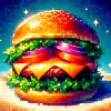 An anime-style image in a 16:9 aspect ratio depicting a hamburger with a mosaic filter applied over the image. The hamburger is depicted with bright colors and exaggerated features typical of anime, such as shiny buns, a perfectly round patty, and vibrant lettuce and tomatoes. The entire image is overlaid with a mosaic effect, blurring the details slightly but still allowing the viewer to recognize it as a hamburger. This image should showcase the playful and artistic interpretation of food in anime, emphasizing the visual impact of the mosaic effect on the colorful and stylized depiction of the hamburger.