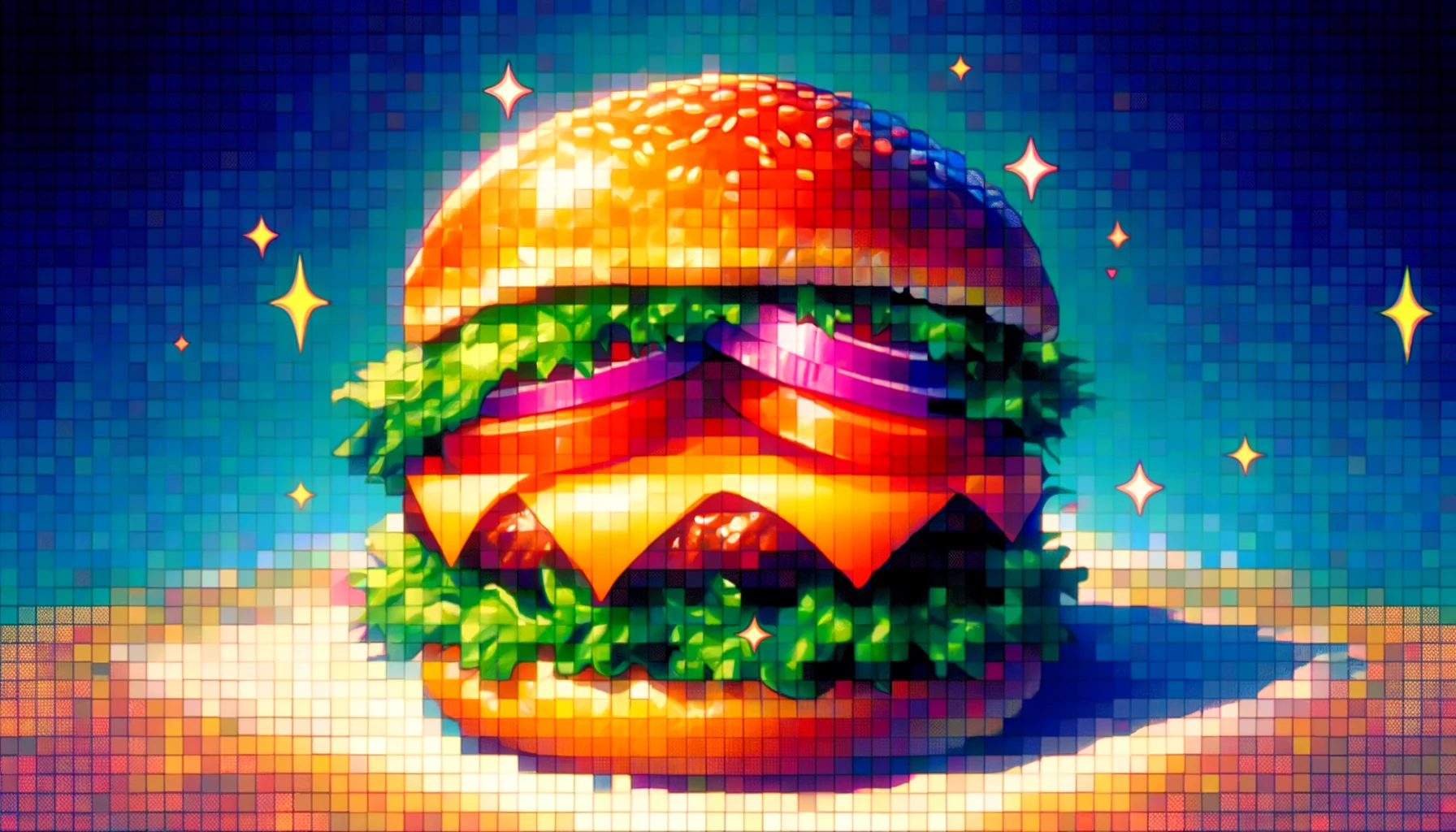 An anime-style image in a 16:9 aspect ratio depicting a hamburger with a mosaic filter applied over the image. The hamburger is depicted with bright colors and exaggerated features typical of anime, such as shiny buns, a perfectly round patty, and vibrant lettuce and tomatoes. The entire image is overlaid with a mosaic effect, blurring the details slightly but still allowing the viewer to recognize it as a hamburger. This image should showcase the playful and artistic interpretation of food in anime, emphasizing the visual impact of the mosaic effect on the colorful and stylized depiction of the hamburger.