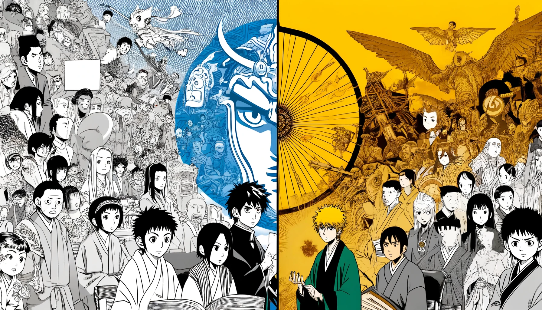 An anime-style image in a 16:9 aspect ratio visualizing the concept of significant changes from an original manga to its anime adaptation. The scene depicts two contrasting sides: on one side, characters and scenes from the manga are detailed, vibrant, and true to the source material; on the other, the anime adaptation is shown with exaggerated alterations - different character designs, altered storylines, and missing elements. The middle of the image might show a split or a transition area, symbolizing the shift from the original to the adapted version, emphasizing the creative liberties taken in the adaptation process that led to fan dissatisfaction.