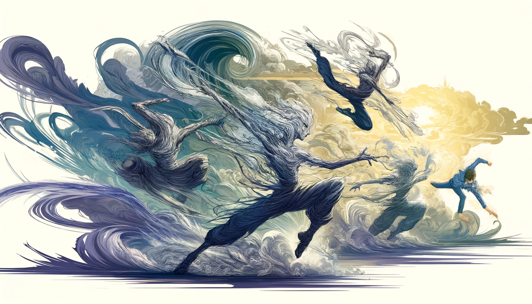 A dynamic illustration depicting the unique fighting style of 'NINKU', characterized by fluid movements and wind-based techniques. The scene captures the essence of 'NINKU's martial arts, with abstract figures performing acrobatic moves and unleashing powerful gusts of wind, all set against a backdrop that suggests a blend of traditional and fantasy elements common to the 'NINKU' universe. The figures are surrounded by swirling wind patterns and energy, symbolizing the speed and agility that define 'NINKU's combat philosophy, without depicting specific characters or direct scenes from the manga.