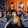 An anime-style image in a 16:9 aspect ratio depicting a scene where anime fans are expressing disappointment over an adaptation. The scene shows a group of fans with exaggerated, dismayed expressions, holding signs and discussing among themselves. The background includes posters of the anime and the original manga covers, highlighting the differences between them. The image captures the mood of discontent regarding changes made from the original source material, such as altered character designs, missing key scenes, or changed story arcs. The overall atmosphere should convey the fans' passion for the original work and their dissatisfaction with the adaptation's significant departures.