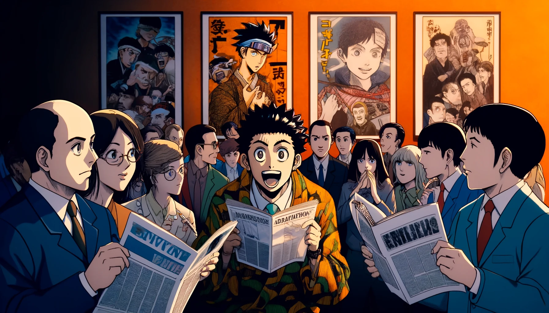 An anime-style image in a 16:9 aspect ratio depicting a scene where anime fans are expressing disappointment over an adaptation. The scene shows a group of fans with exaggerated, dismayed expressions, holding signs and discussing among themselves. The background includes posters of the anime and the original manga covers, highlighting the differences between them. The image captures the mood of discontent regarding changes made from the original source material, such as altered character designs, missing key scenes, or changed story arcs. The overall atmosphere should convey the fans' passion for the original work and their dissatisfaction with the adaptation's significant departures.