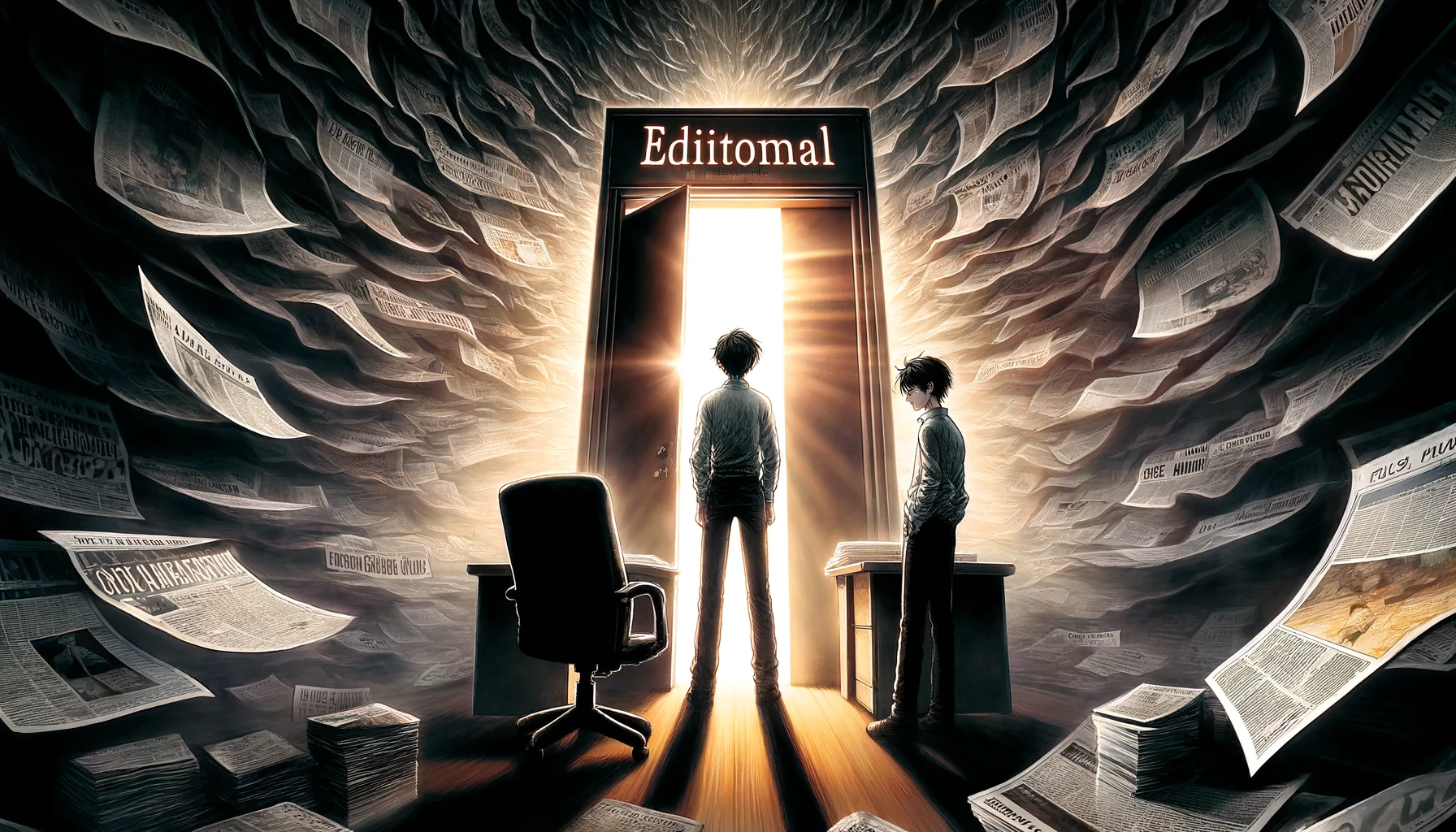 In a tense and emotionally charged scene, two young manga artists stand before the editorial office, poised with a mix of determination and apprehension. Behind them, the air is thick with swirling newspaper headlines hinting at the harsh reality of manga cancellations and the cutthroat competition in the industry. The office door is ajar, emitting a sliver of light that symbolizes the slim hope and intense pressure of creating a successful manga series. This moment captures the struggle and resilience of creators in the face of industry challenges, set in a modern manga editorial environment. The image should be in a 16:9 ratio.