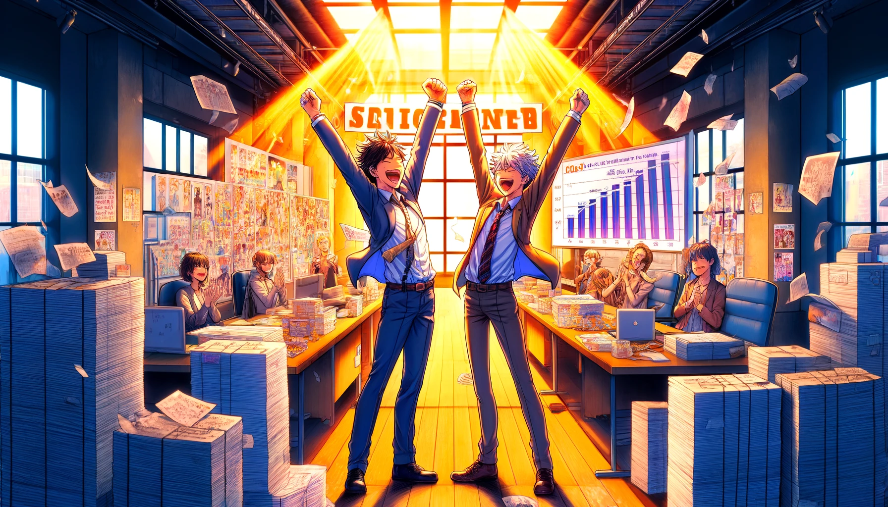 In a celebratory and vibrant scene, two main characters of a manga series are inside an editorial office, exuberantly raising their fists in the air with bright smiles on their faces. Surrounding them are visual symbols of their success: stacks of fan letters, a chart showing their manga ranking at the top, and graphs depicting rising sales figures. The office is filled with light and color, reflecting the joy and accomplishment of creating a beloved manga series that has garnered widespread acclaim and a strong fanbase. This scene represents why their manga series is not considered for cancellation, highlighting the positive reception and solid performance in the manga industry. The image should be in a 16:9 ratio.