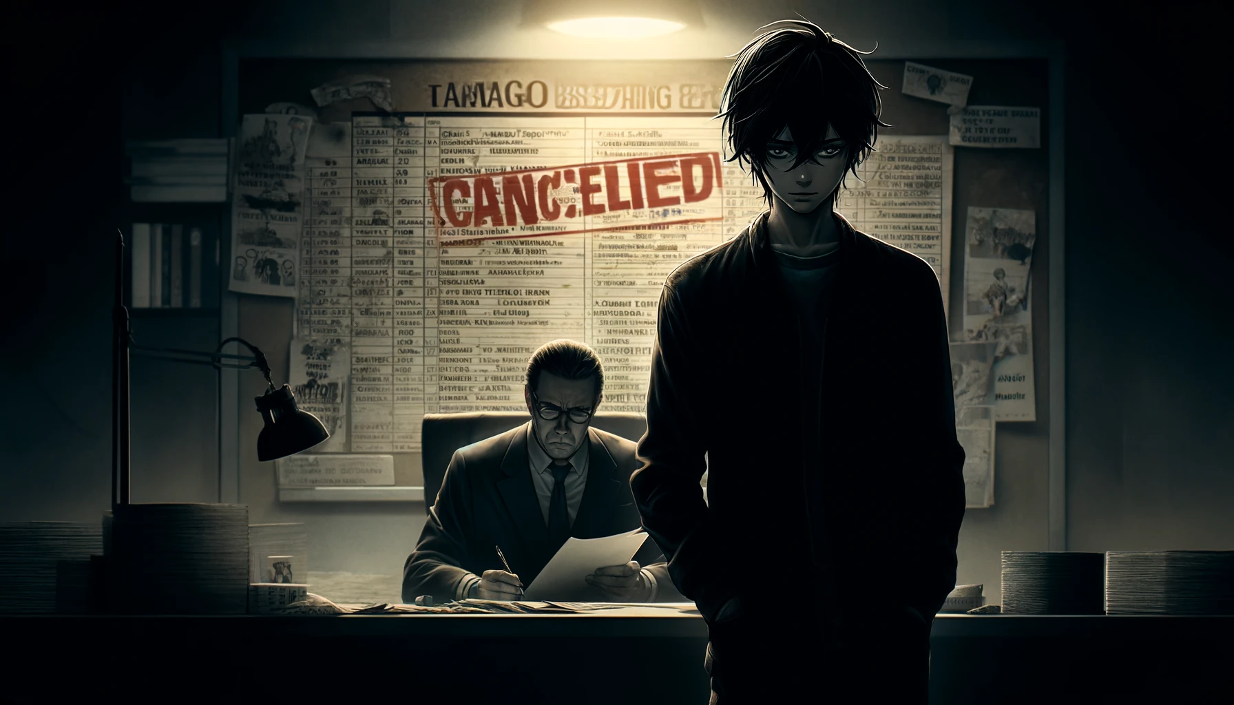 In a somber and reflective scene, a young manga artist stands alone, holding a cancellation notice for his manga series. His expression is one of disappointment and introspection, reflecting the harsh realities of the manga industry. The background features an editor with a stern face, reviewing a list of ongoing and cancelled manga series on the wall, highlighting the competitive nature of the industry. The dimly lit office space adds to the atmosphere of uncertainty and challenge, showcasing the difficulties faced by creators in striving for success amidst fierce competition. This image illustrates the tough aspects of the manga creation process and the reality of series cancellations as revealed in 'Bakuman'. The image should be in a 16:9 ratio.