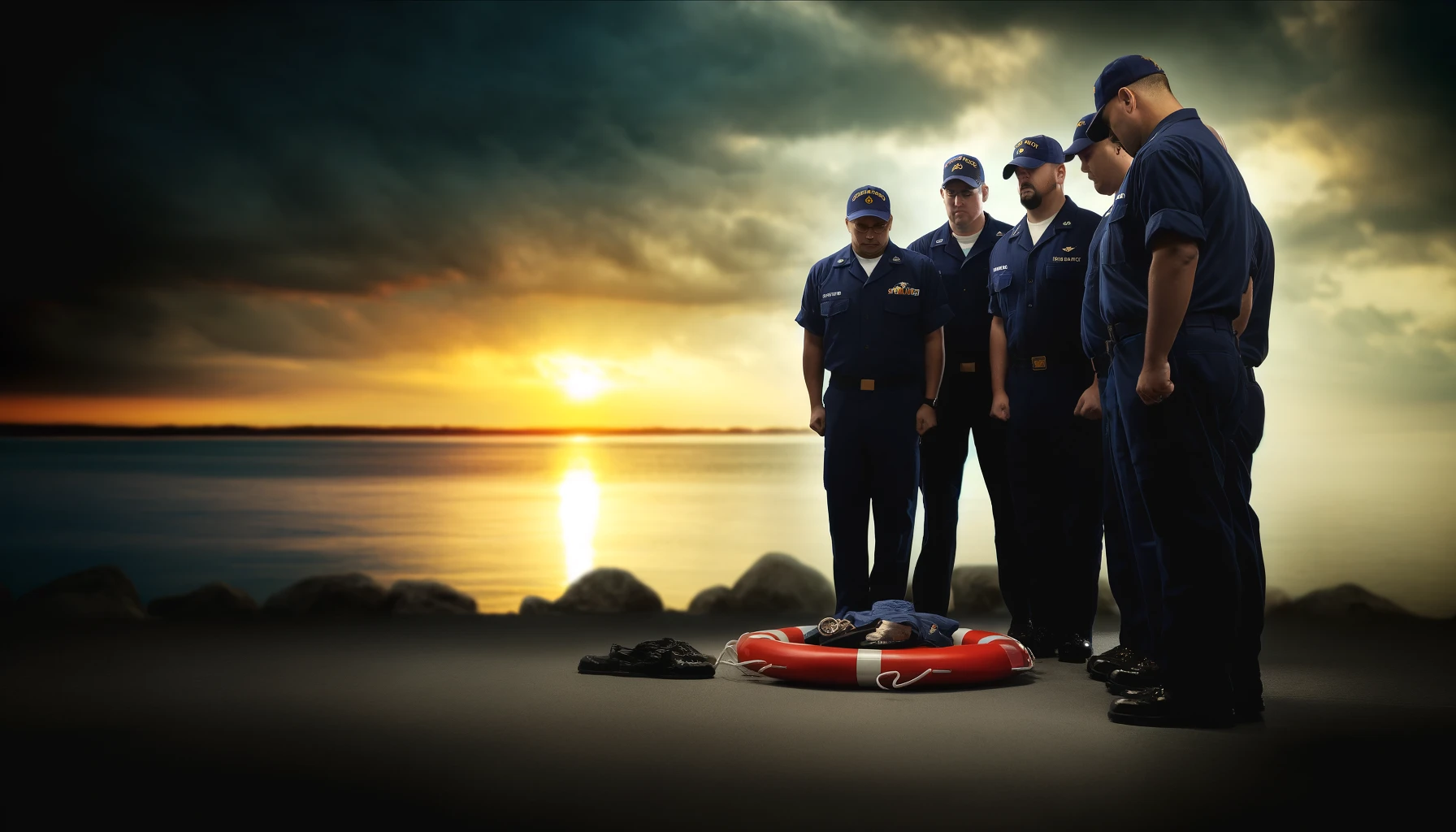 In a moving and reflective scene, the teammates of a fallen Coast Guard officer gather around a serene and beautiful seascape at sunset. They stand in a moment of silent tribute, their faces a mixture of sorrow and resolve. In their hands, they hold symbols of remembrance and respect for their lost comrade, such as his Coast Guard cap or a life preserver ring. The calm sea and the setting sun in the background symbolize the peace that comes after the storm, reflecting on the sacrifices made and the continuation of their mission in honor of their fallen friend. This scene conveys the message that, even in death, the spirit of the Coast Guard officers inspires courage, unity, and a renewed dedication to their duties. The image should be in a 16:9 ratio.