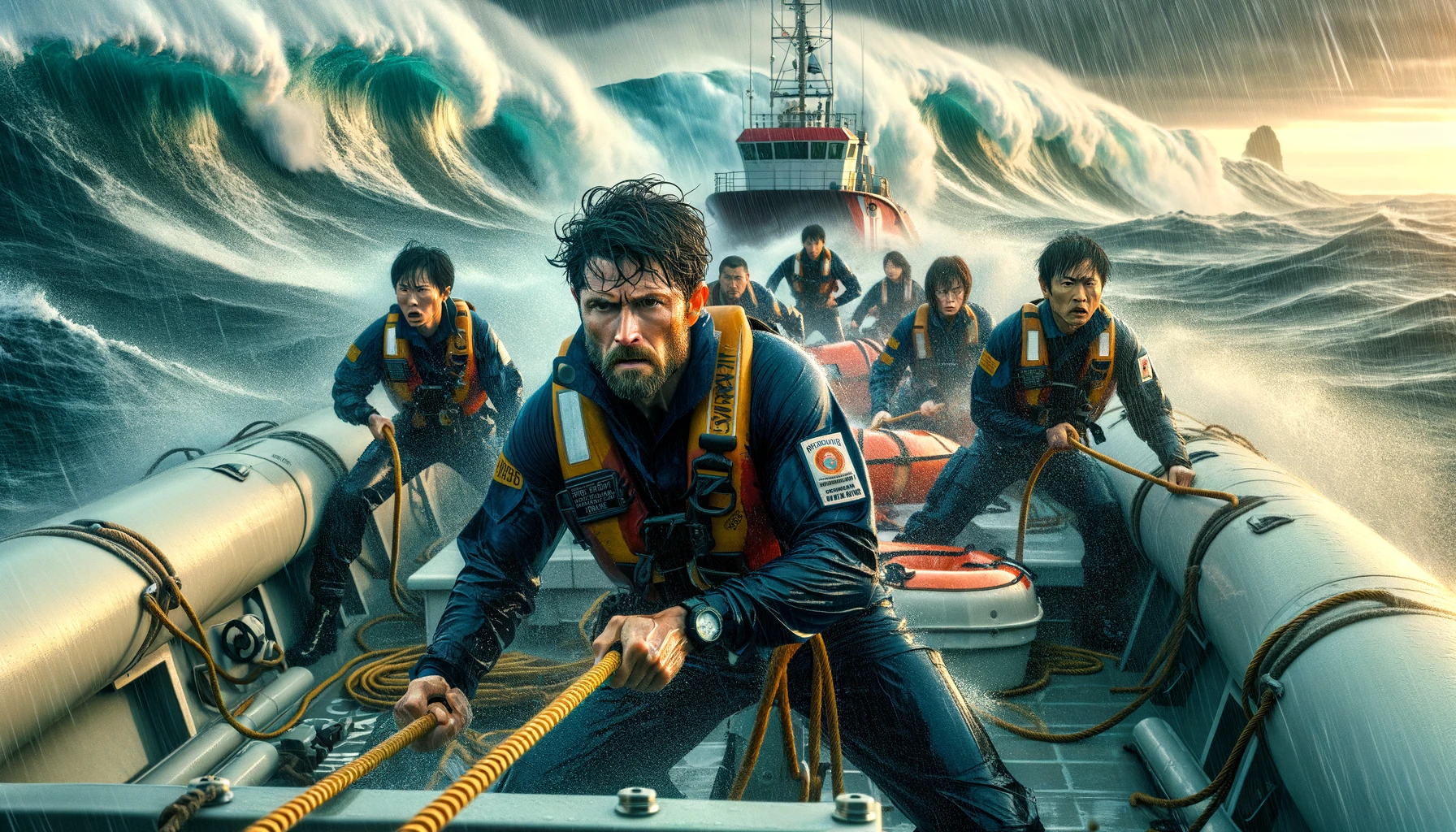 In an intense and realistic training scene, a group of Coast Guard officers are battling against massive waves, maneuvering a rescue boat with determination and focus. Their expressions are a mix of determination and concentration, underlining the severity of their training which prepares them for the toughest of rescues at sea. The tumultuous sea around them and a distant lighthouse serve as a backdrop, symbolizing the perilous conditions they face and their unwavering bravery. This scene captures the real challenges faced by the 'Umizaru' cast, showcasing their dedication to mastering the skills necessary for saving lives amidst nature's fury. The image should be in a 16:9 ratio.